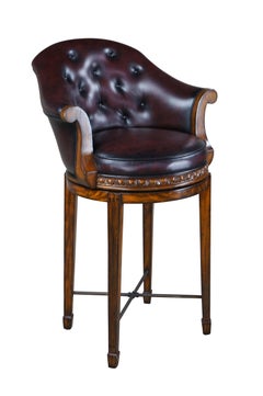 Vintage Theodore Alexander Flame Mahogany Tufted Leather Bar Counter Stool