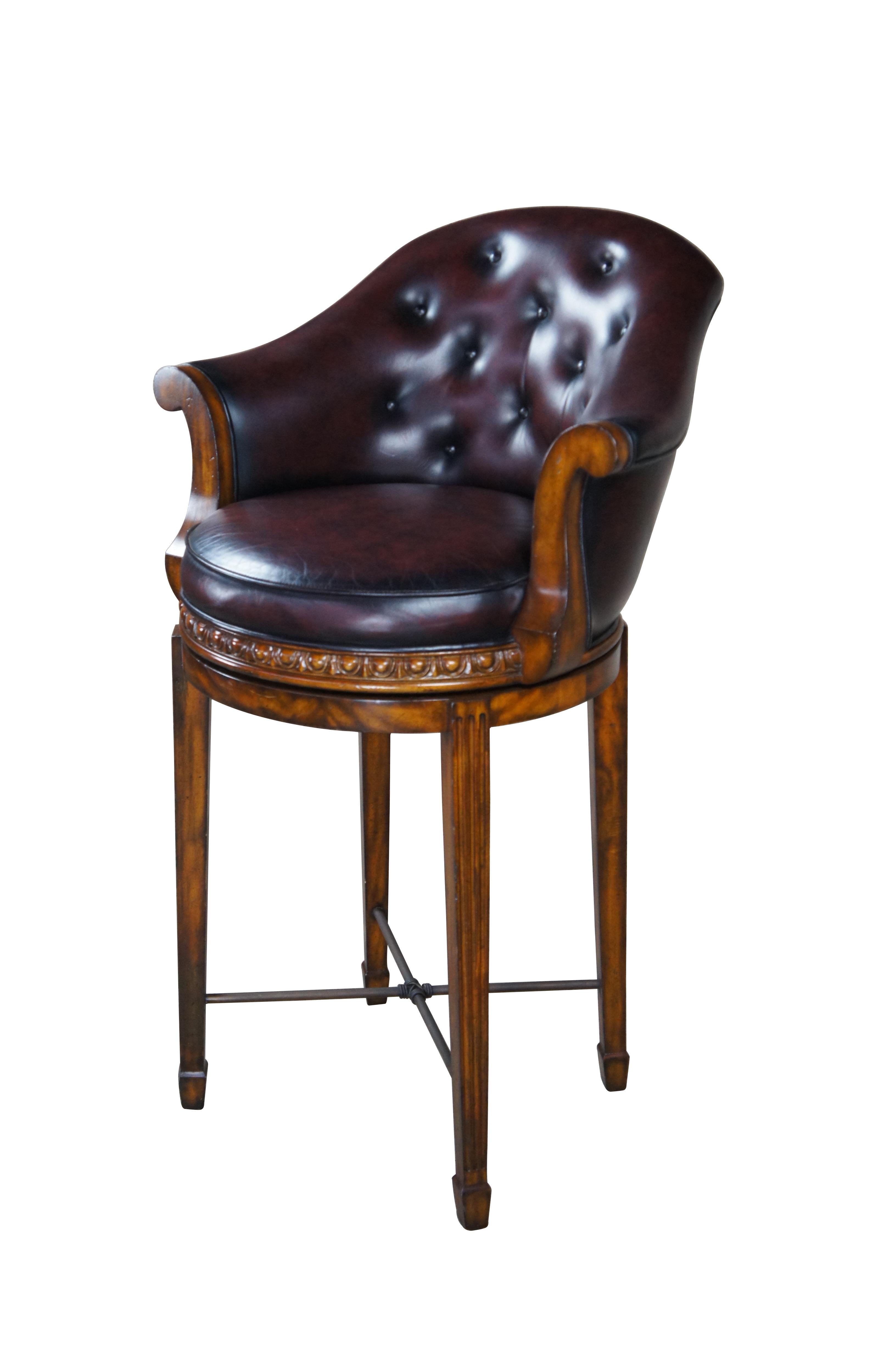 Vintage Theodore Alexander Flame Mahogany Tufted Leather Bar Counter Stool  In Good Condition For Sale In Dayton, OH