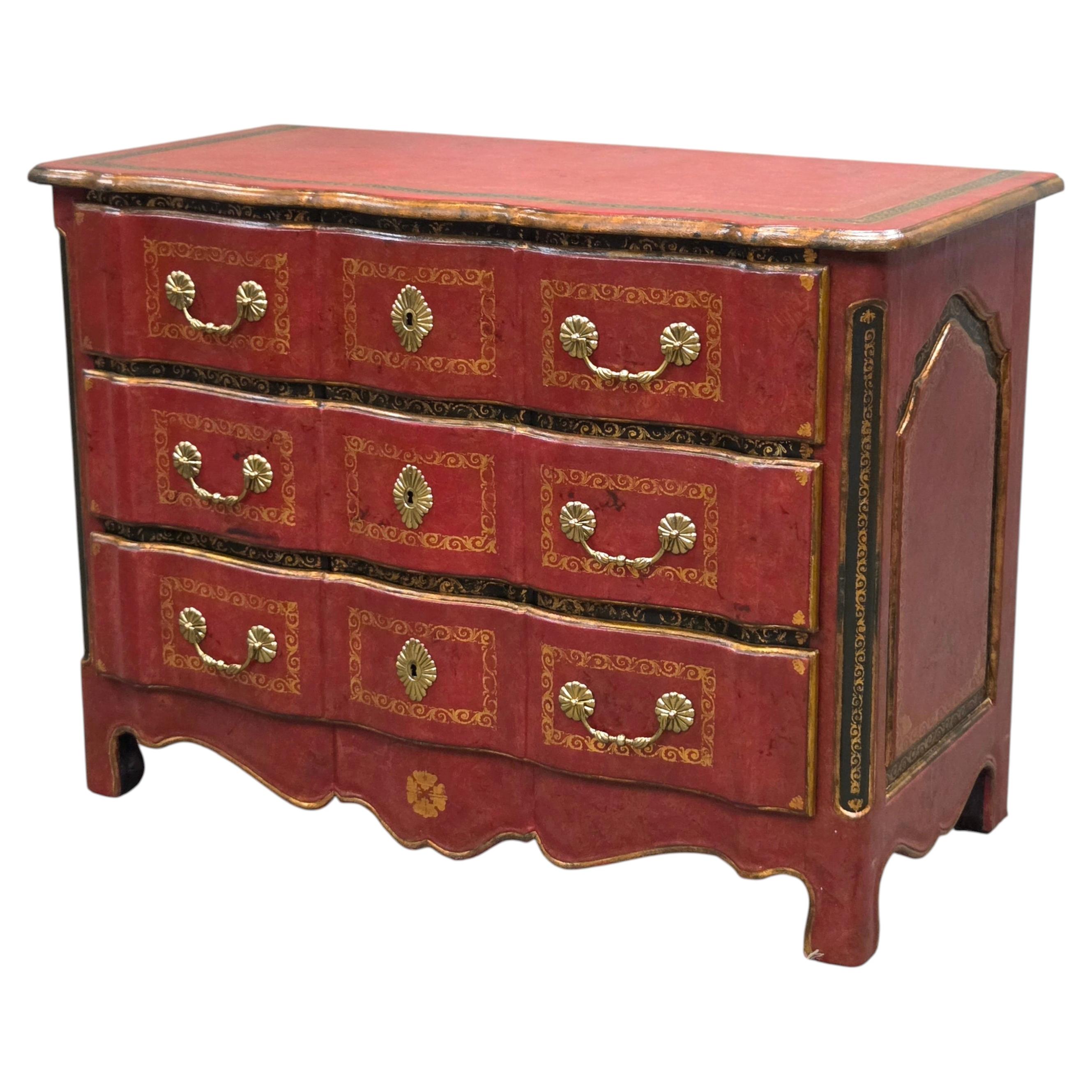 Vintage Theodore Alexander Red Leather Wrapped Serpentine Chest of Drawers For Sale
