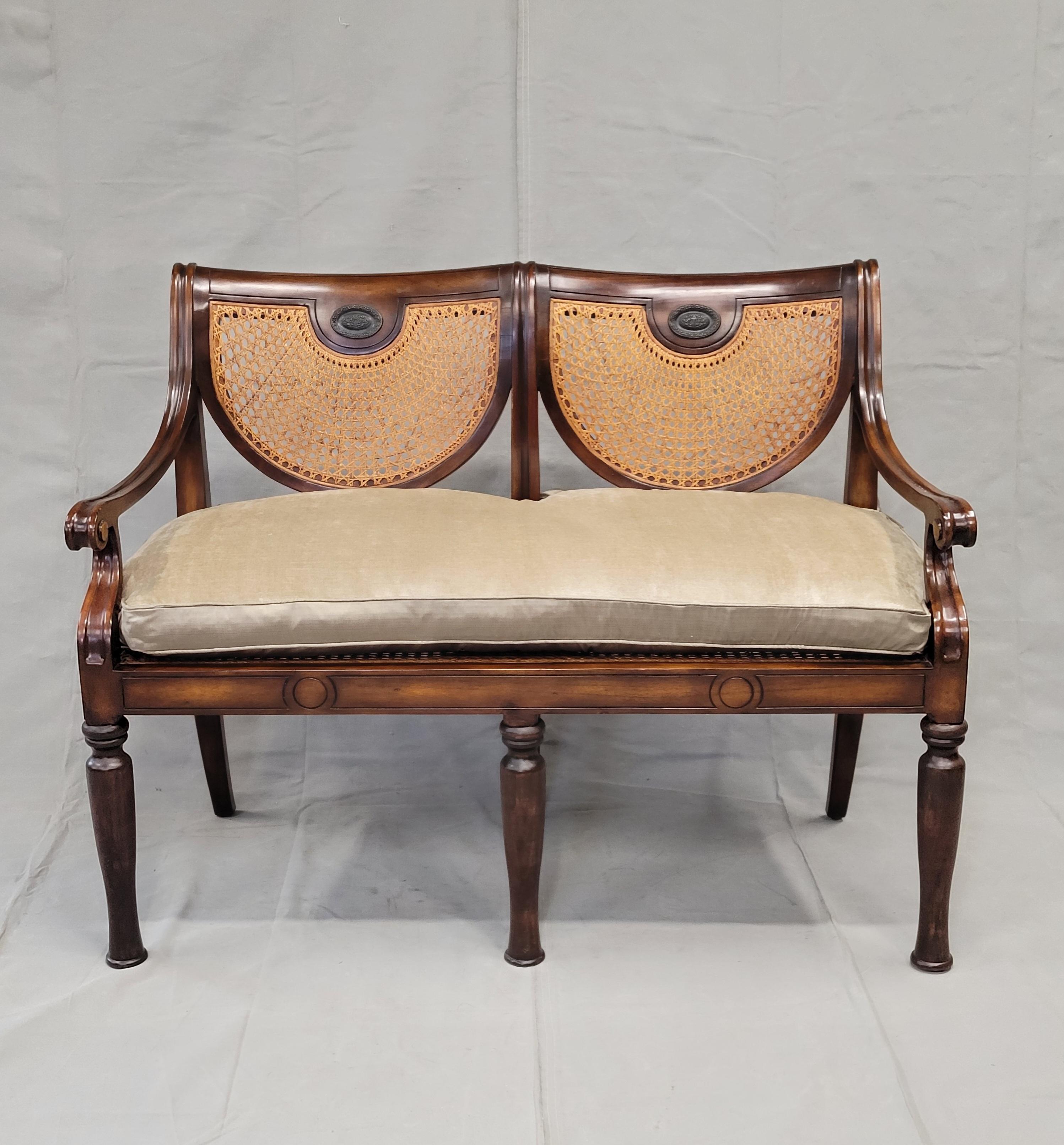 Vietnamese Vintage Theodore Alexander Regency Caned Mahogany Settee With Down Cushion For Sale