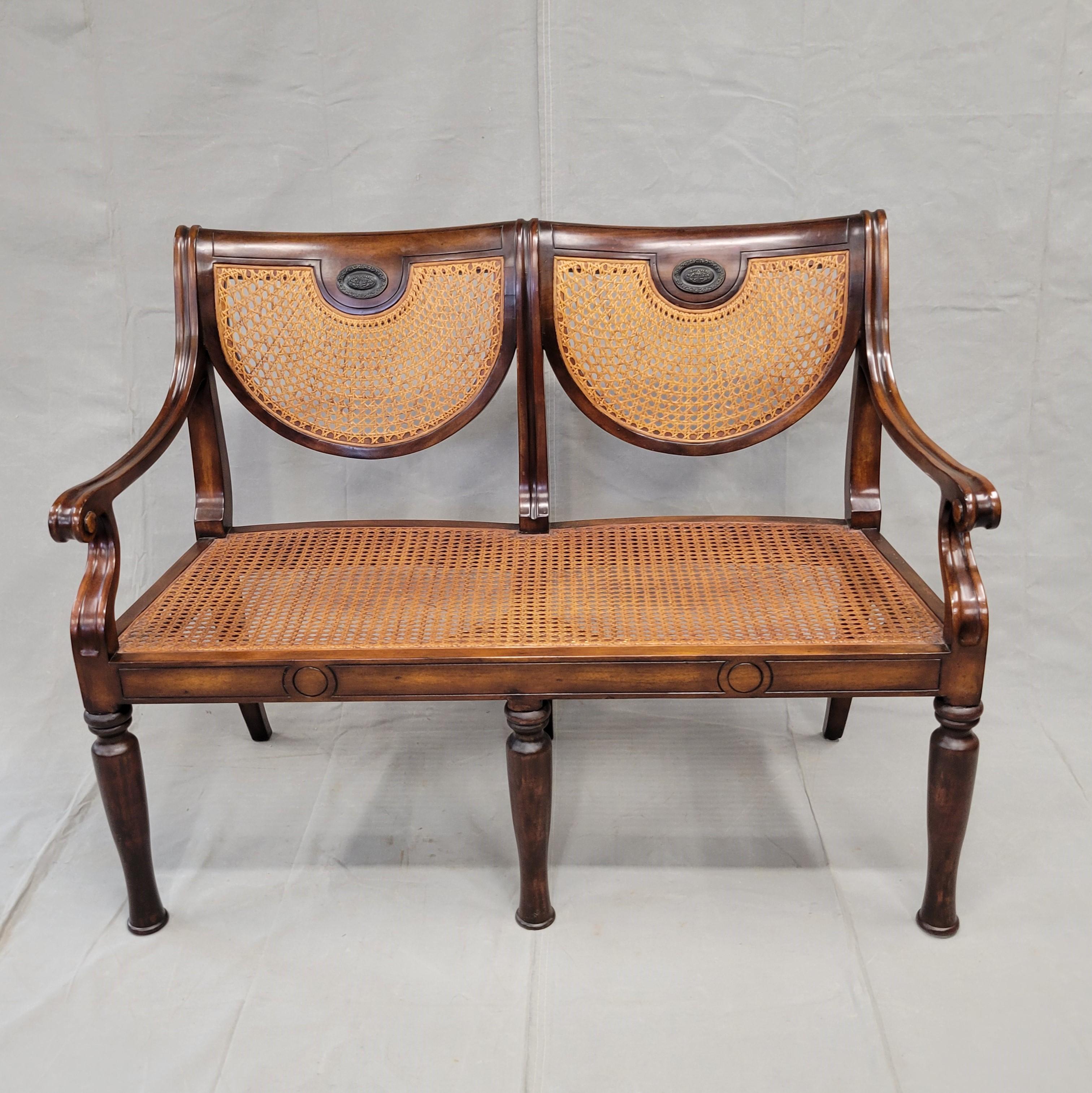 Hand-Crafted Vintage Theodore Alexander Regency Caned Mahogany Settee With Down Cushion For Sale