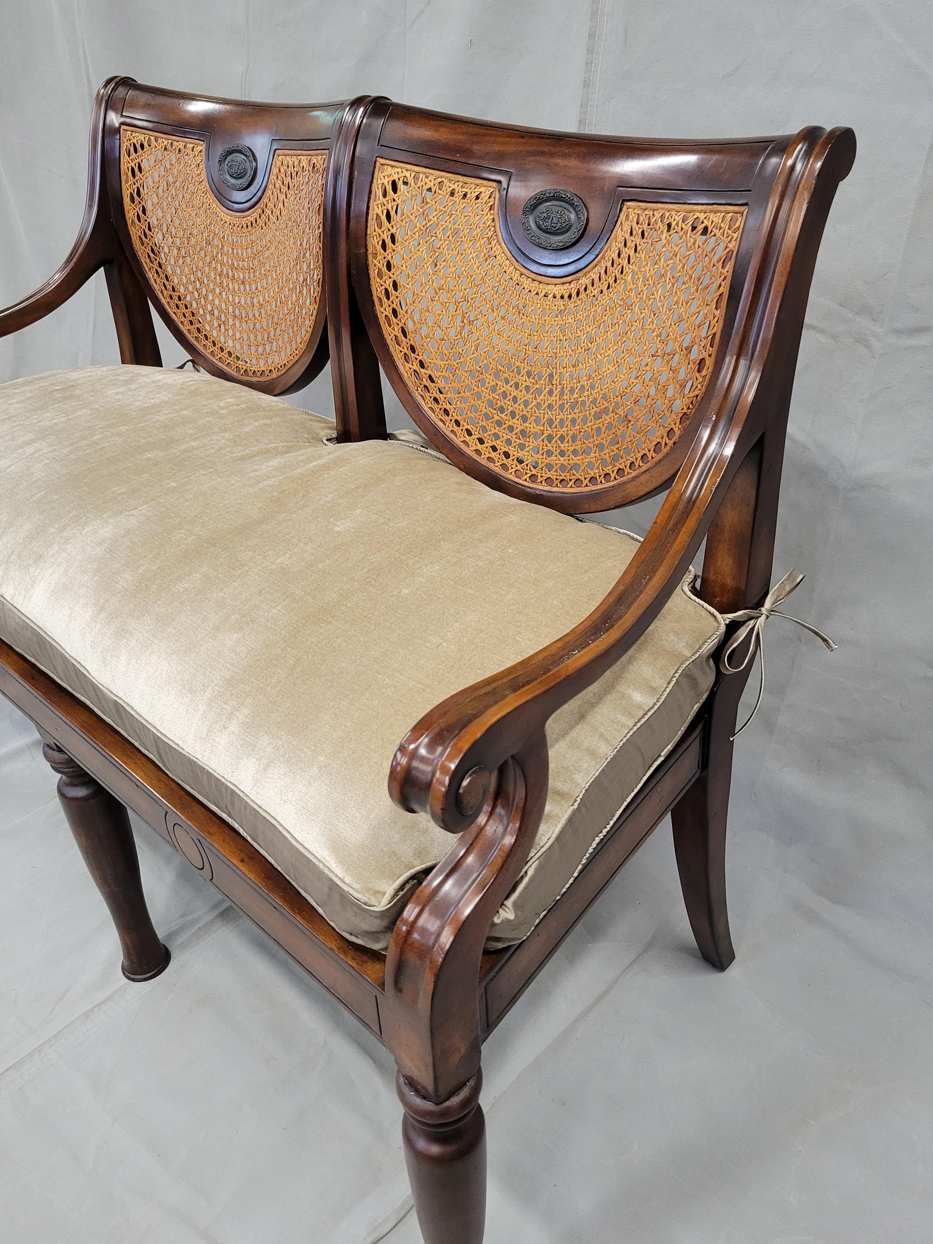 Vintage Theodore Alexander Regency Caned Mahogany Settee With Down Cushion In Good Condition In Centennial, CO