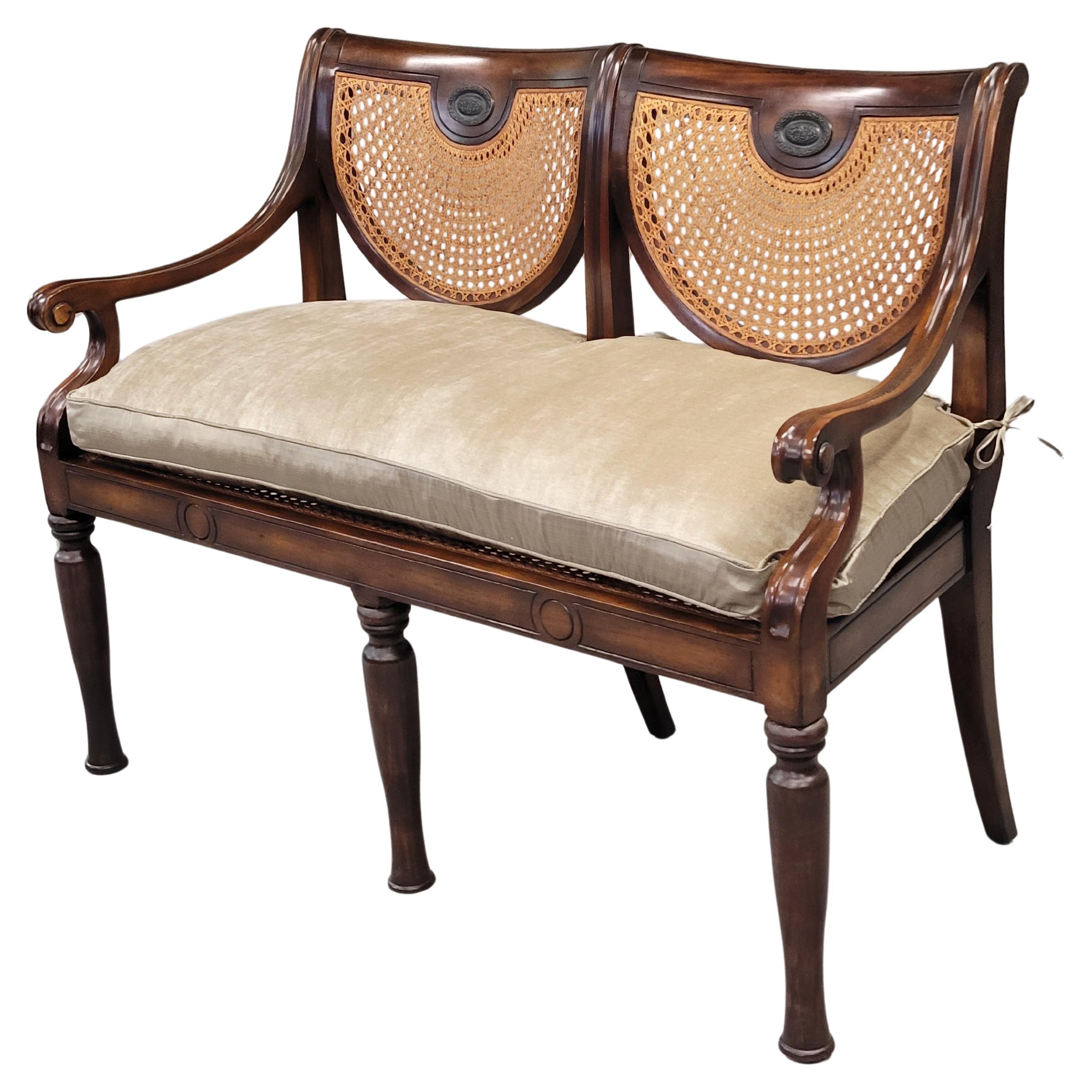 Vintage Theodore Alexander Regency Caned Mahogany Settee With Down Cushion For Sale