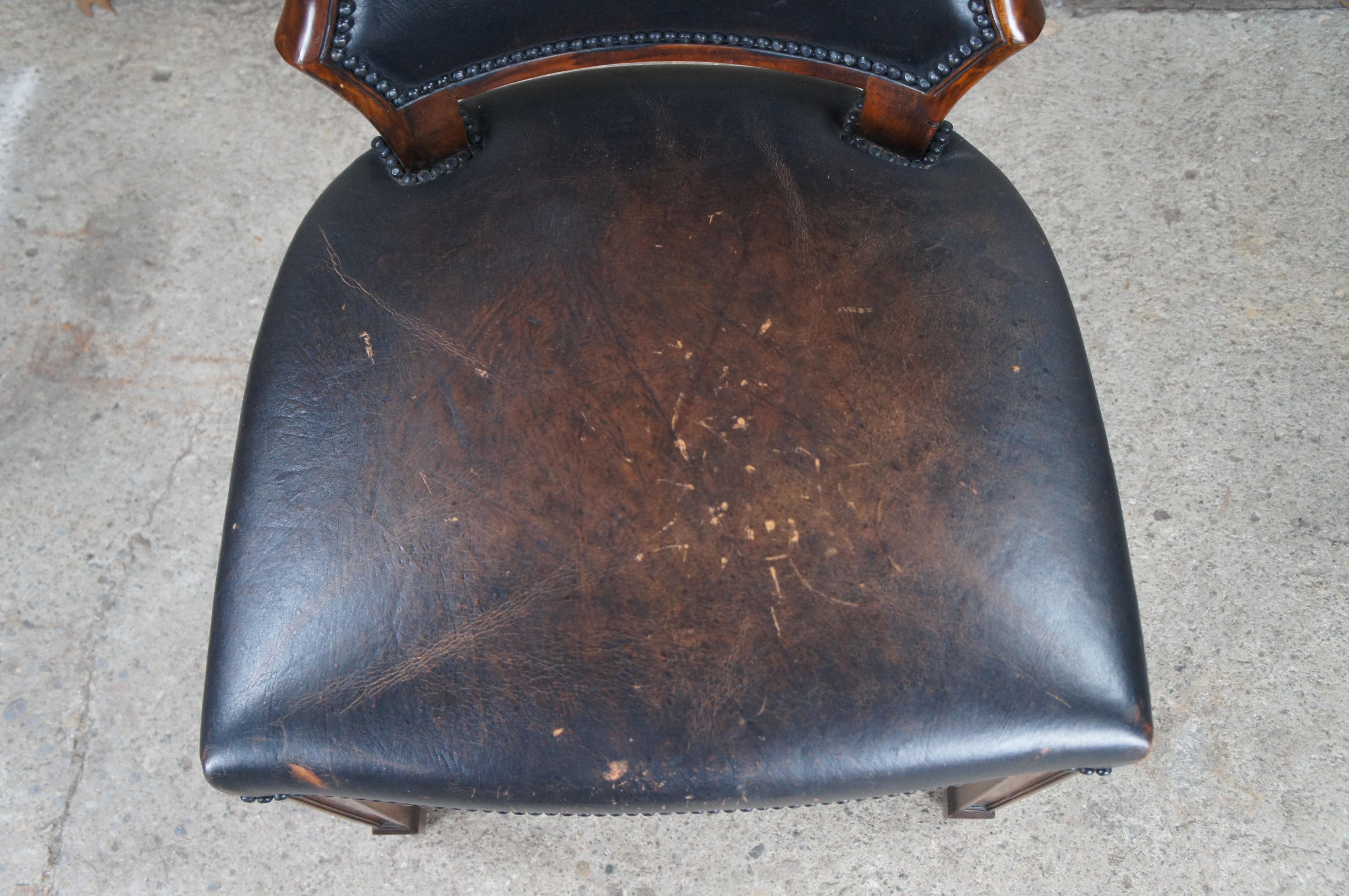 20th Century Vintage Theodore Alexander Sheraton Style Mahogany Brown Leather Side Desk Chair For Sale