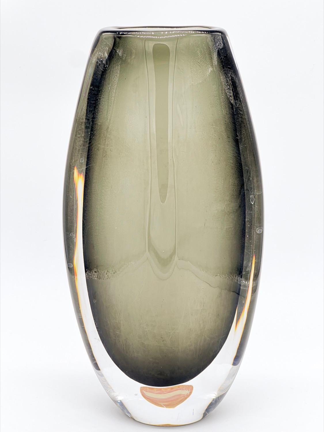 Mid-Century Modern Vintage Thick and Massive Swedish Orrefors Vase in Grey/Green Sommerso Glass For Sale