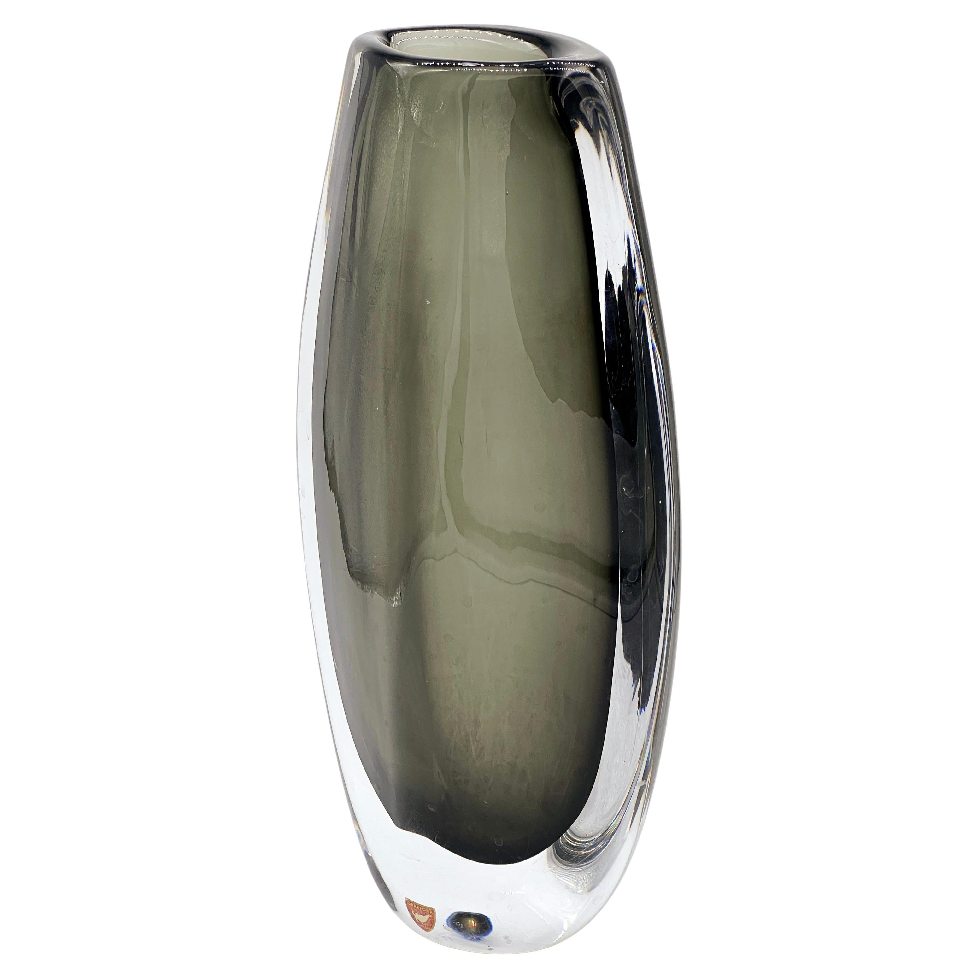 Vase Sommerso suédois vintage épais et massif en verre gris/vert de Orrefors