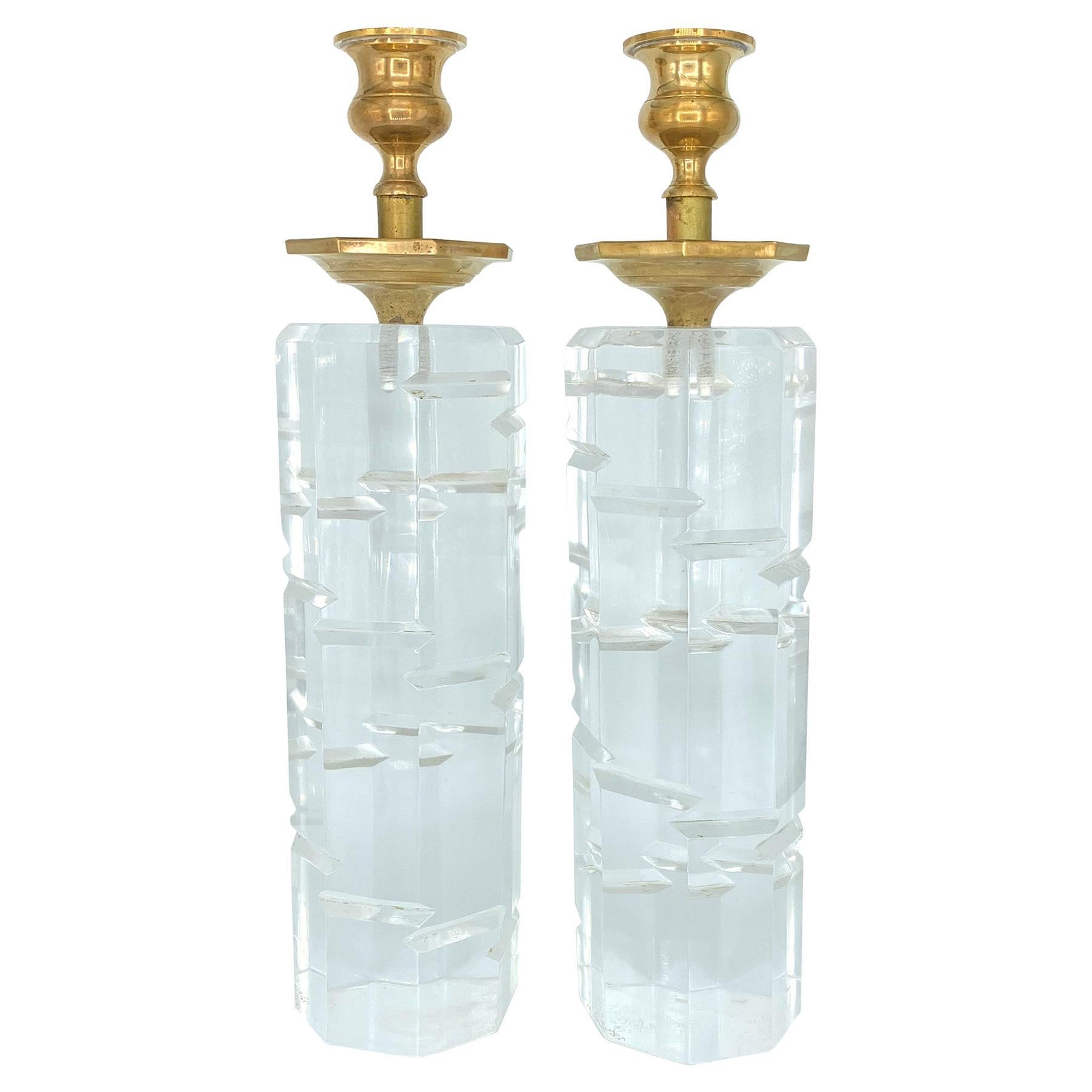 Vintage Thick Lucite and Brass Candle Holders by Josh Lazar Mid-Century Modern