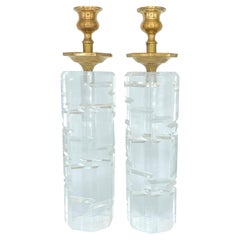 Vintage Thick Lucite and Brass Candle Holders by Josh Lazar Mid-Century Modern