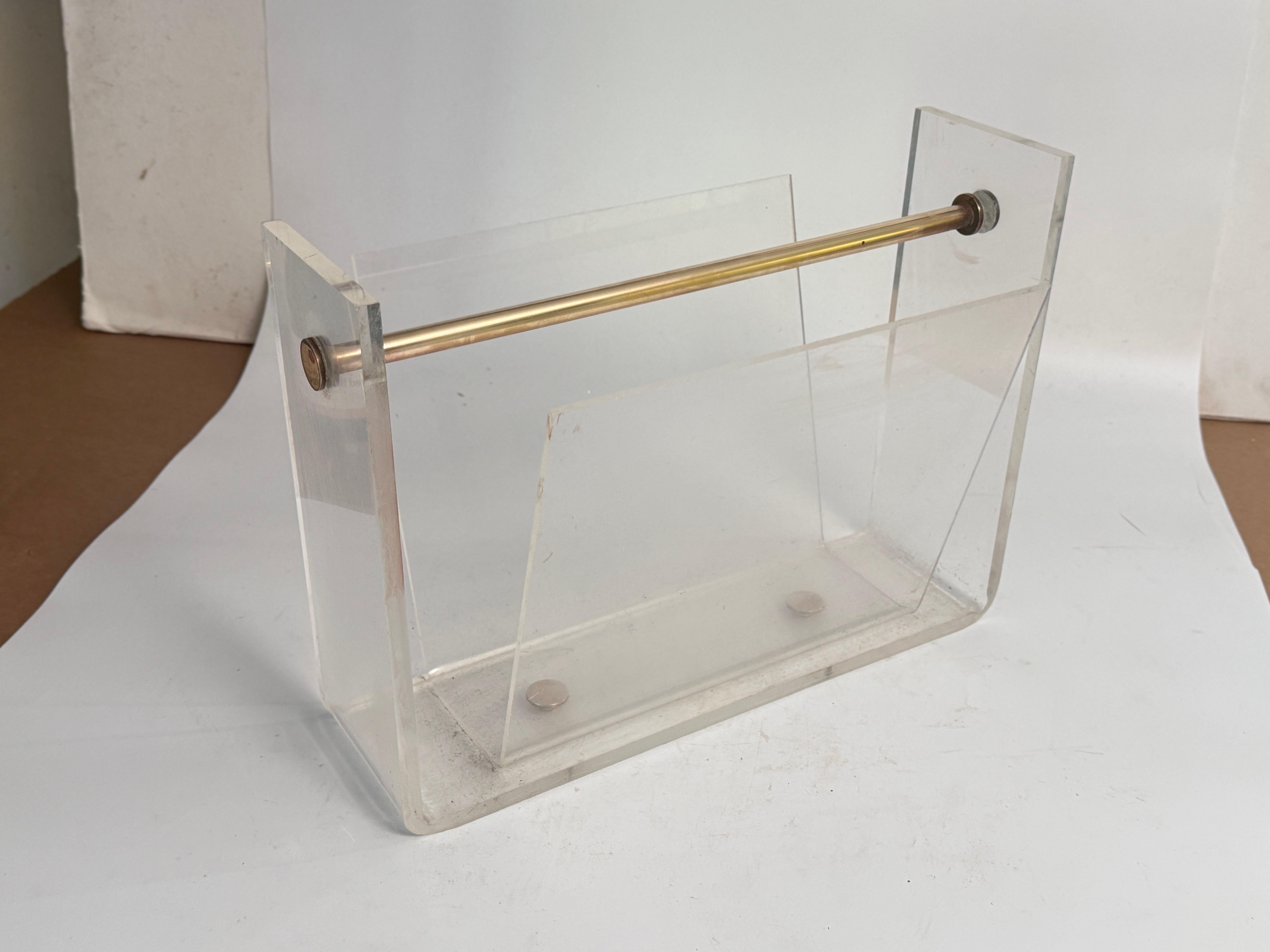 Late 20th Century Vintage Thick Lucite and Chrome Steel Magazine Rack For Sale