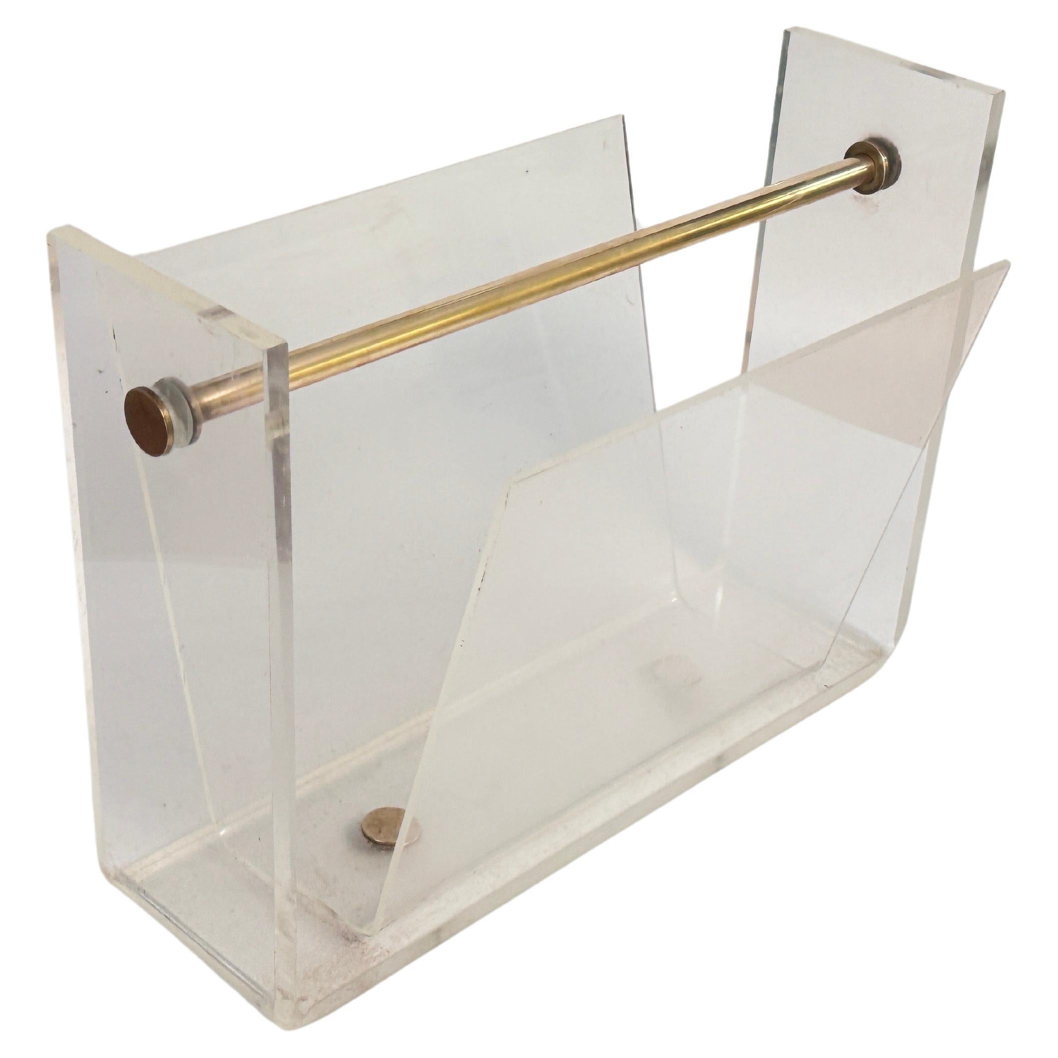 Vintage Thick Lucite and Chrome Steel Magazine Rack