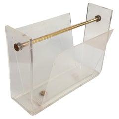 Vintage Thick Lucite and Chrome Steel Magazine Rack