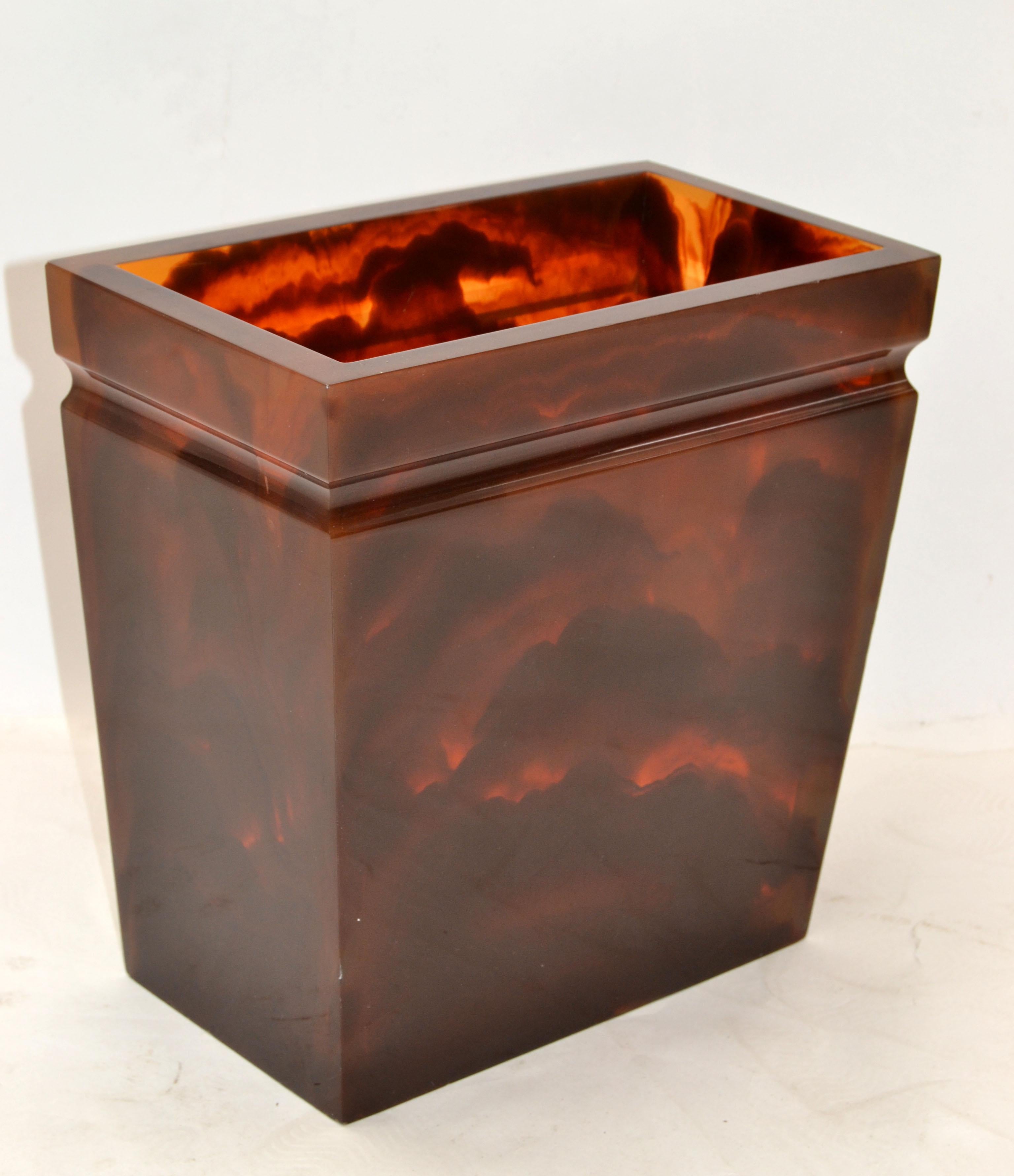 Mid-Century Modern Vintage Thick Lucite Dark Amber Marble Pattern Waste Basket, Can Umbrella Stand