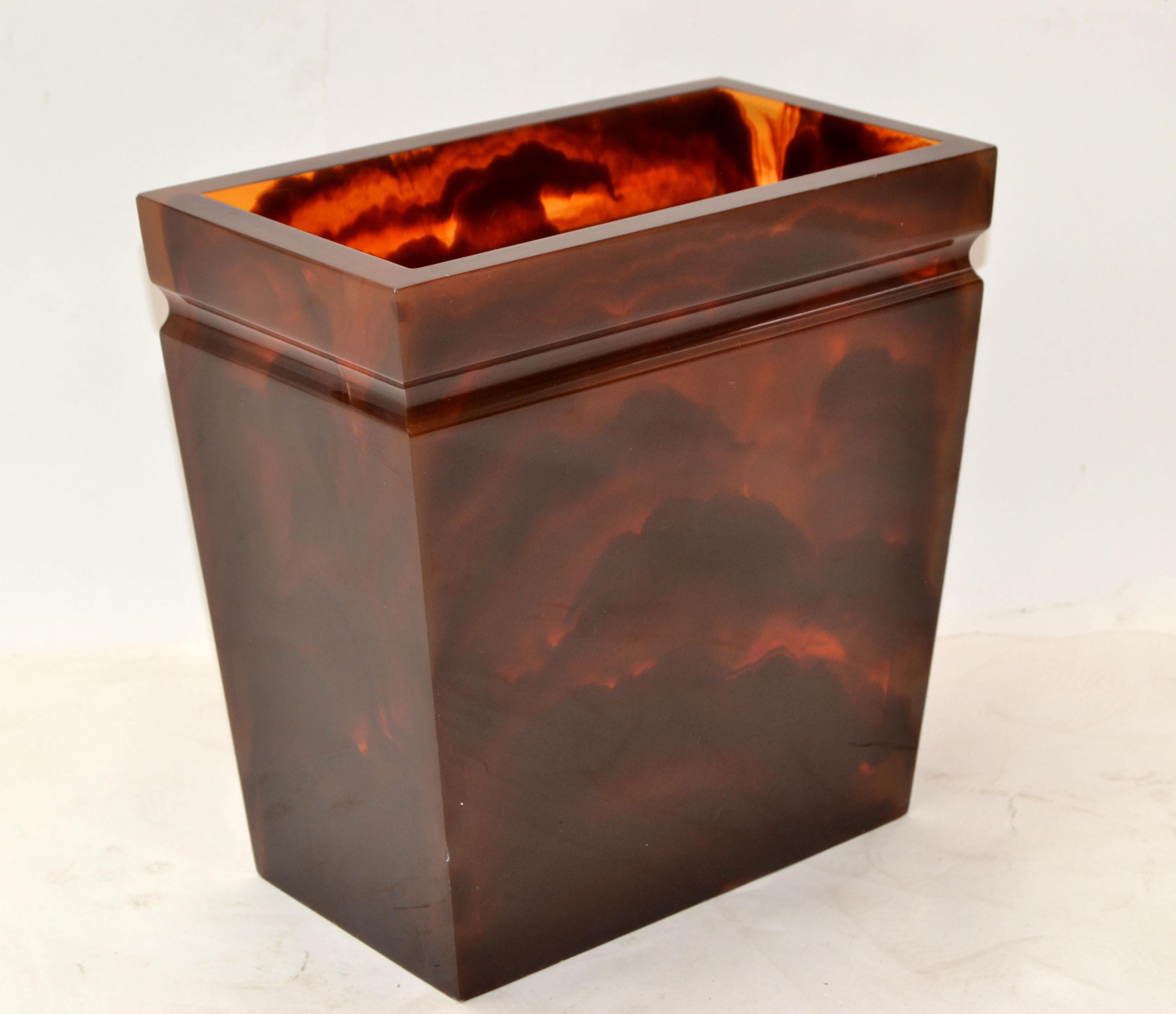Hand-Crafted Vintage Thick Lucite Dark Amber Marble Pattern Waste Basket, Can Umbrella Stand