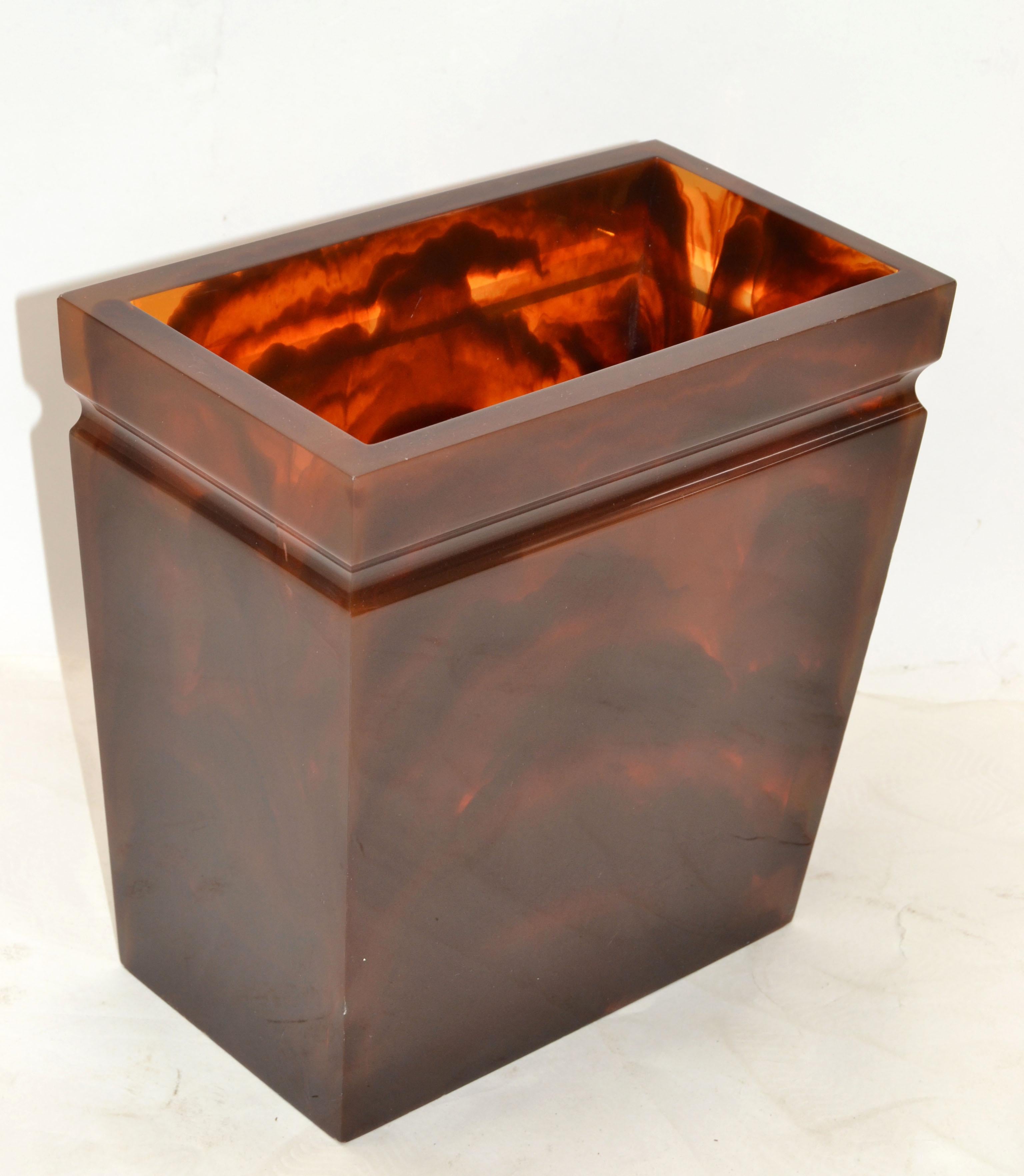 20th Century Vintage Thick Lucite Dark Amber Marble Pattern Waste Basket, Can Umbrella Stand