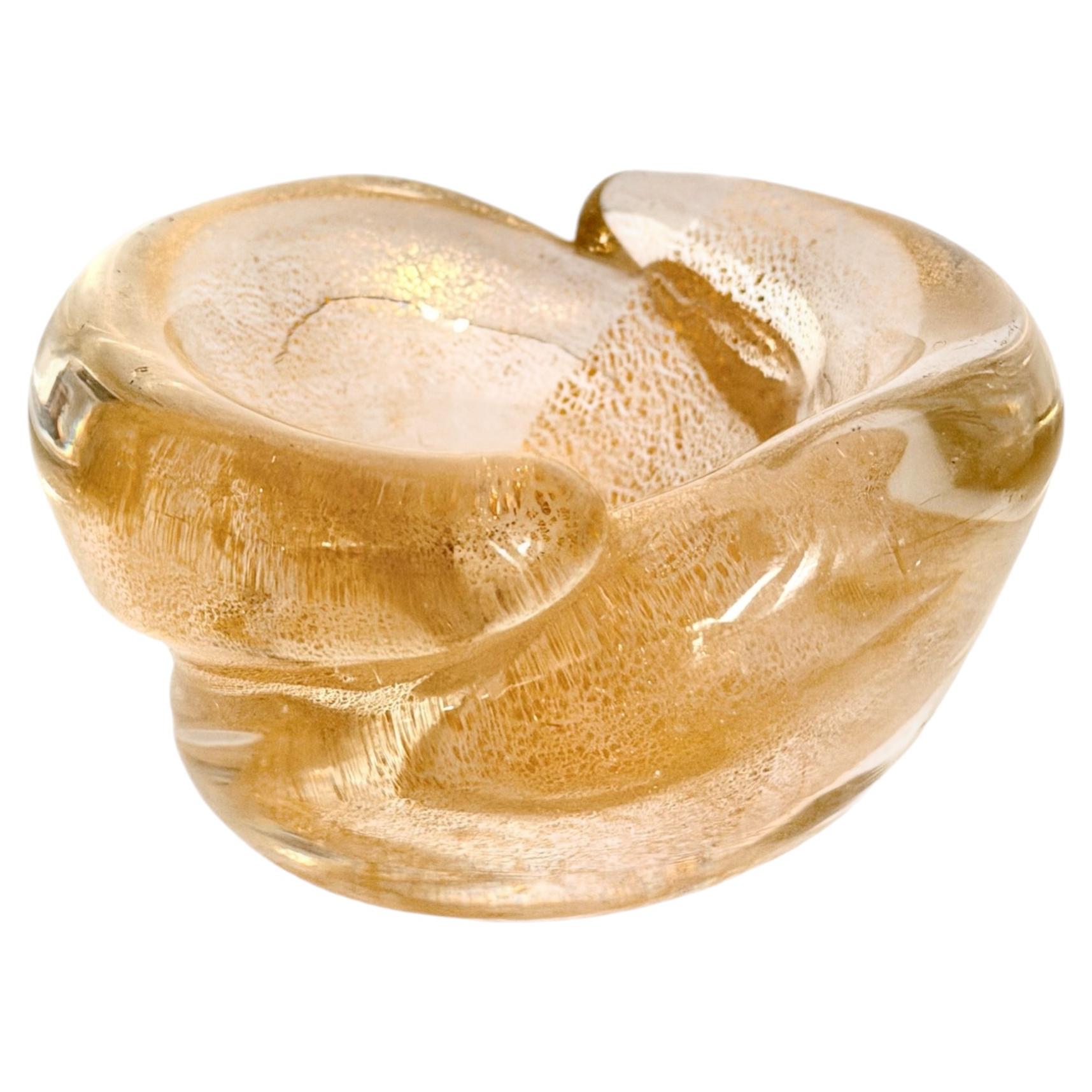 Vintage Thick Murano Glass Ashtray - Catchall with Gold Leaf, Italy