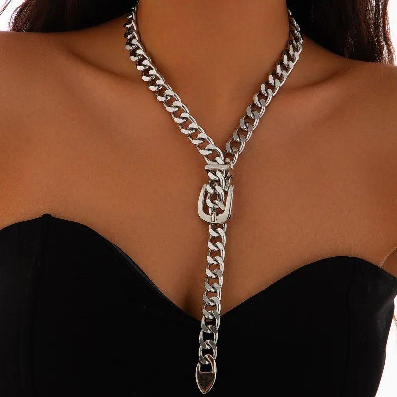 Modernist Vintage Thick Open Link Silver Tone Belt Buckle Chain Necklace For Sale