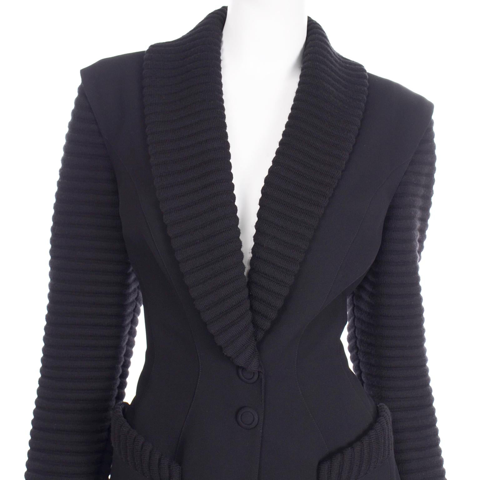 Vintage Thierry Mugler Black Wool Knit Skirt Suit With Ribbed Lapels In Excellent Condition In Portland, OR