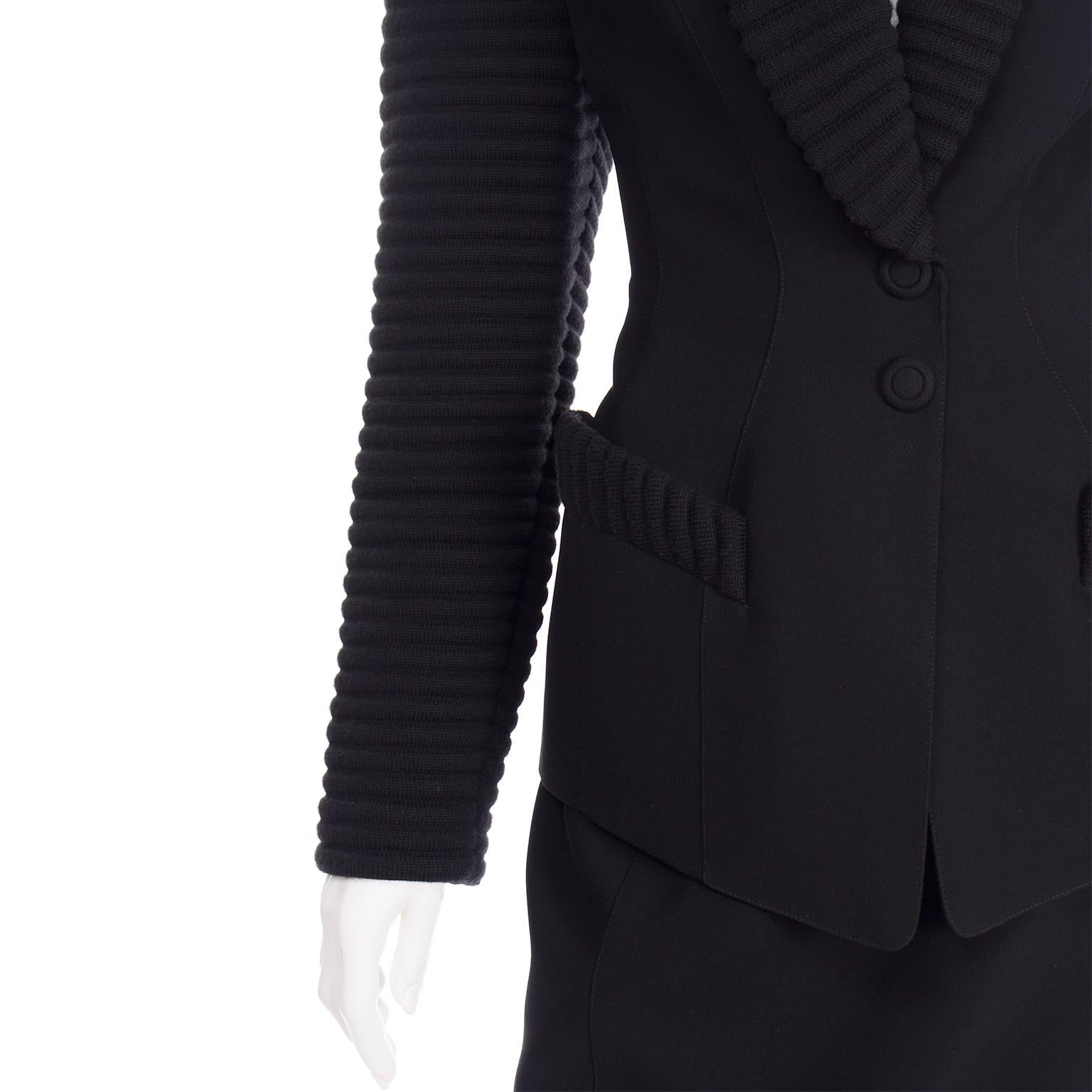 Vintage Thierry Mugler Black Wool Knit Skirt Suit With Ribbed Lapels 1