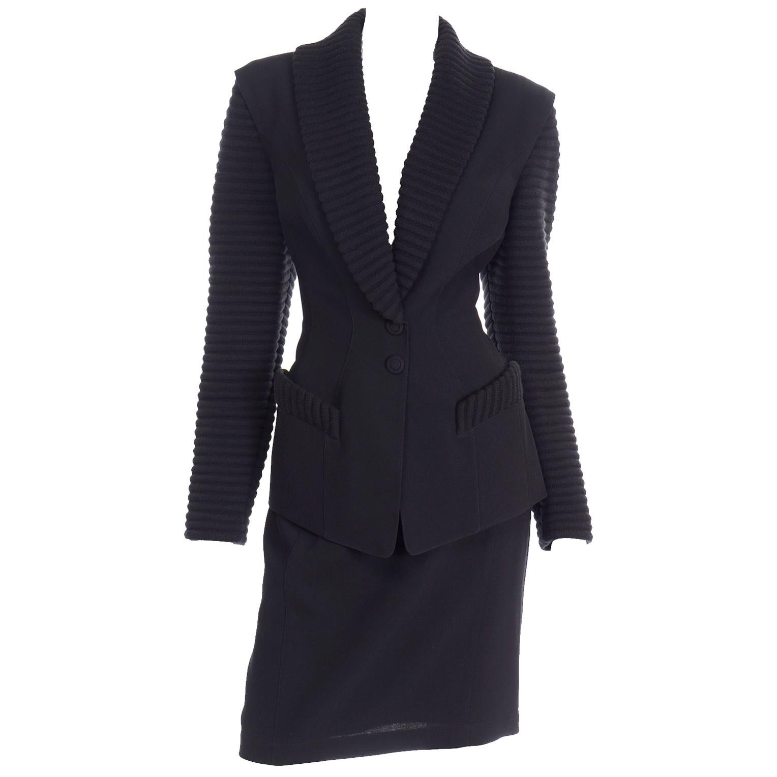 Vintage Thierry Mugler Black Wool Knit Skirt Suit With Ribbed Lapels