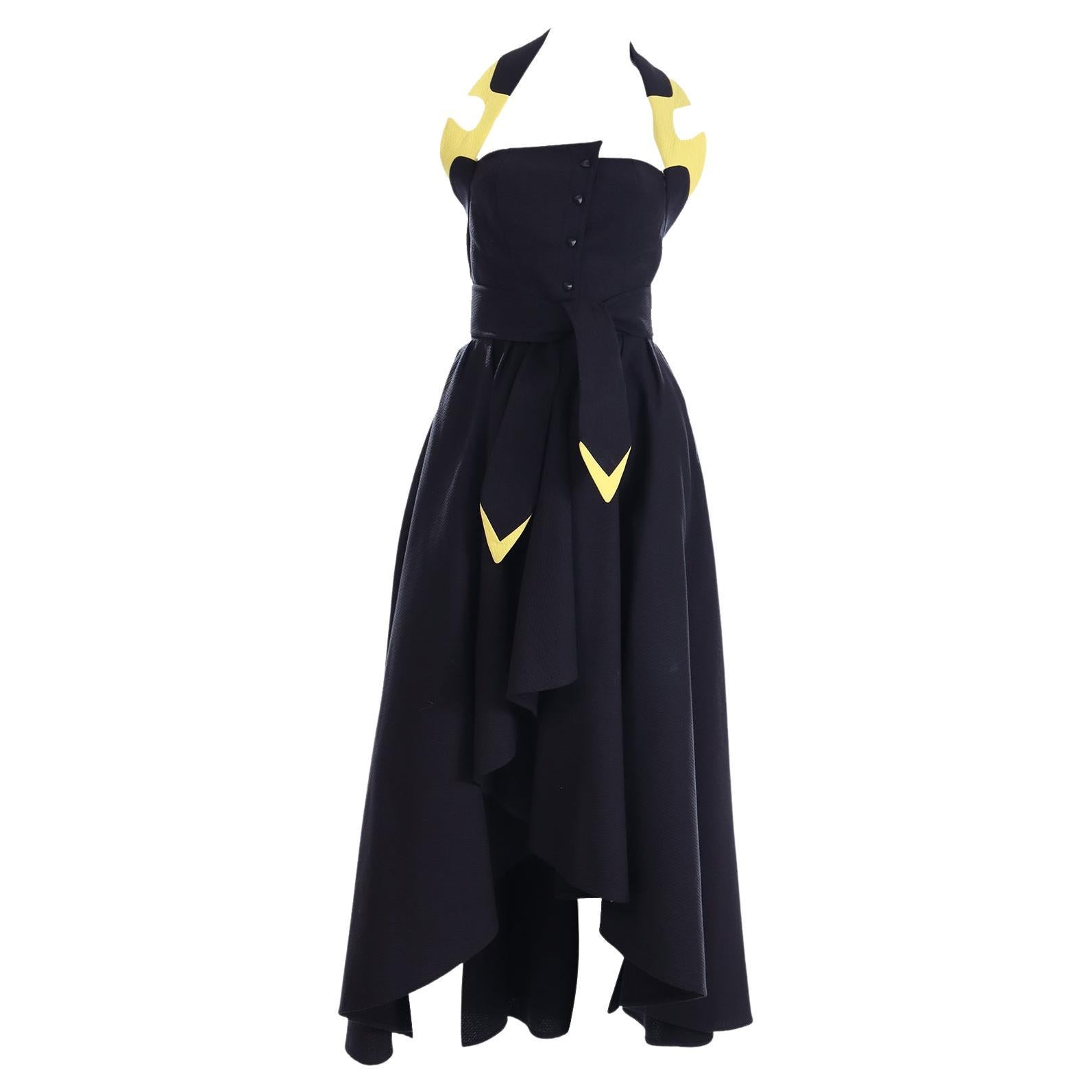 Vintage Thierry Mugler Black 
Yellow Cotton Pique High Low Halter Dress