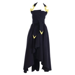 Vintage Thierry Mugler Black & Yellow Cotton Pique High Low Halter Dress