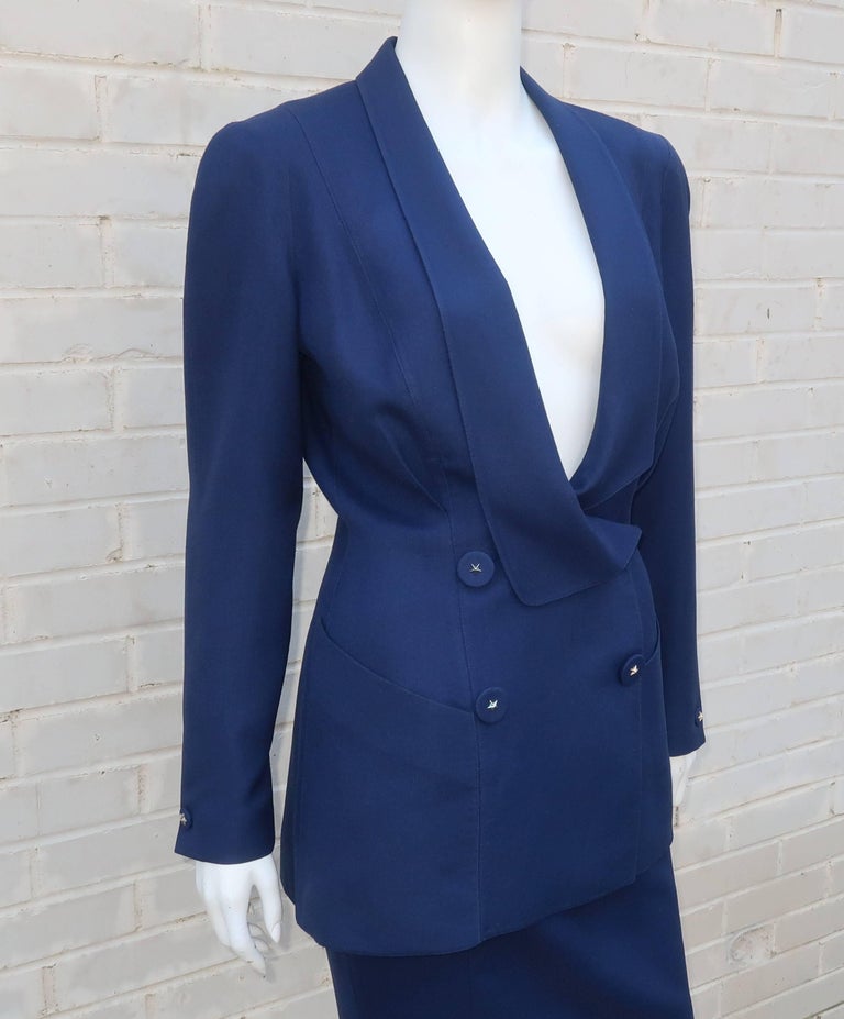 Vintage Thierry Mugler Blue Linen Skirt Suit With Star Buttons at ...