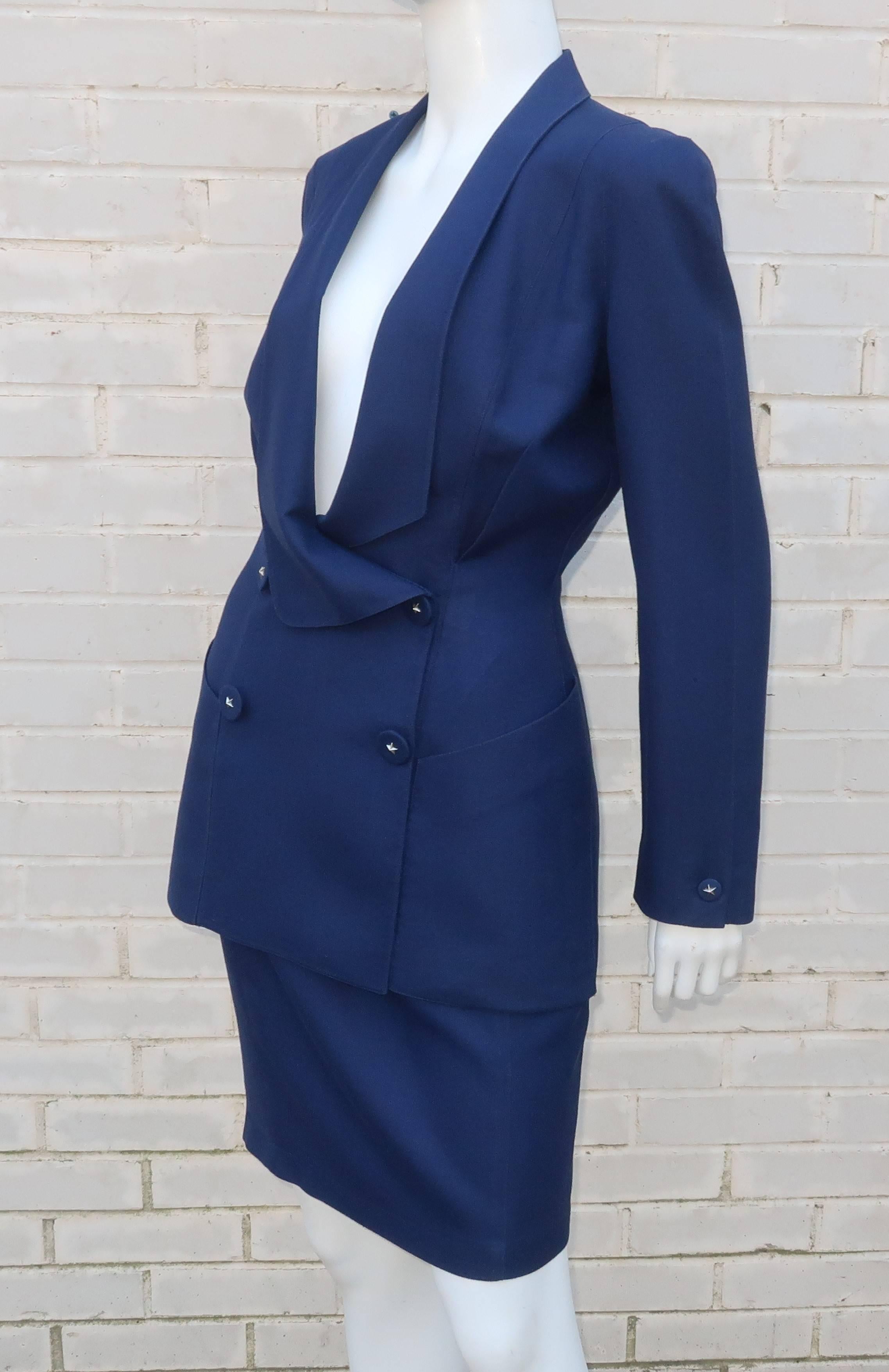Vintage Thierry Mugler Blue Linen Skirt Suit With Star Buttons In Good Condition In Atlanta, GA