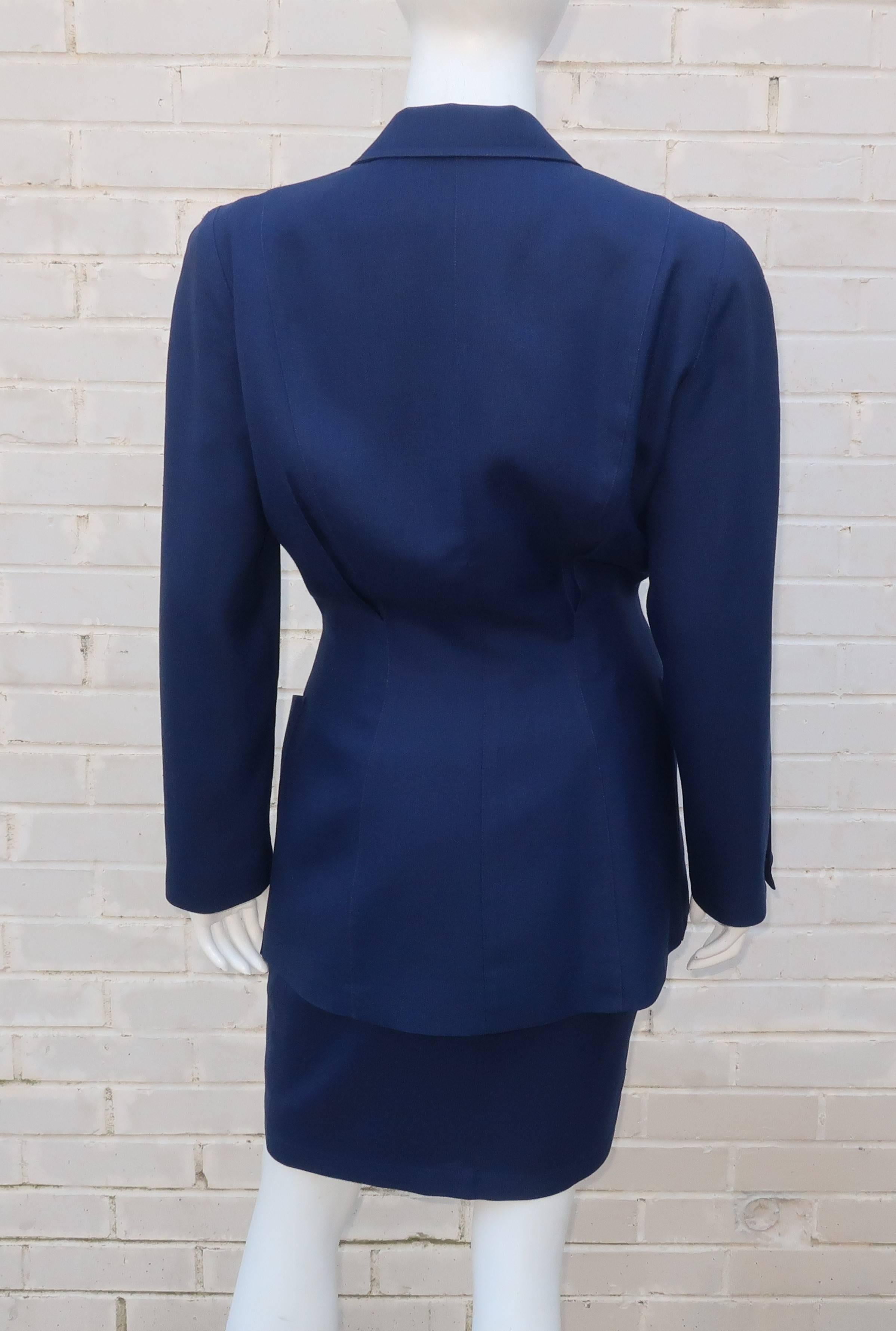 Women's Vintage Thierry Mugler Blue Linen Skirt Suit With Star Buttons