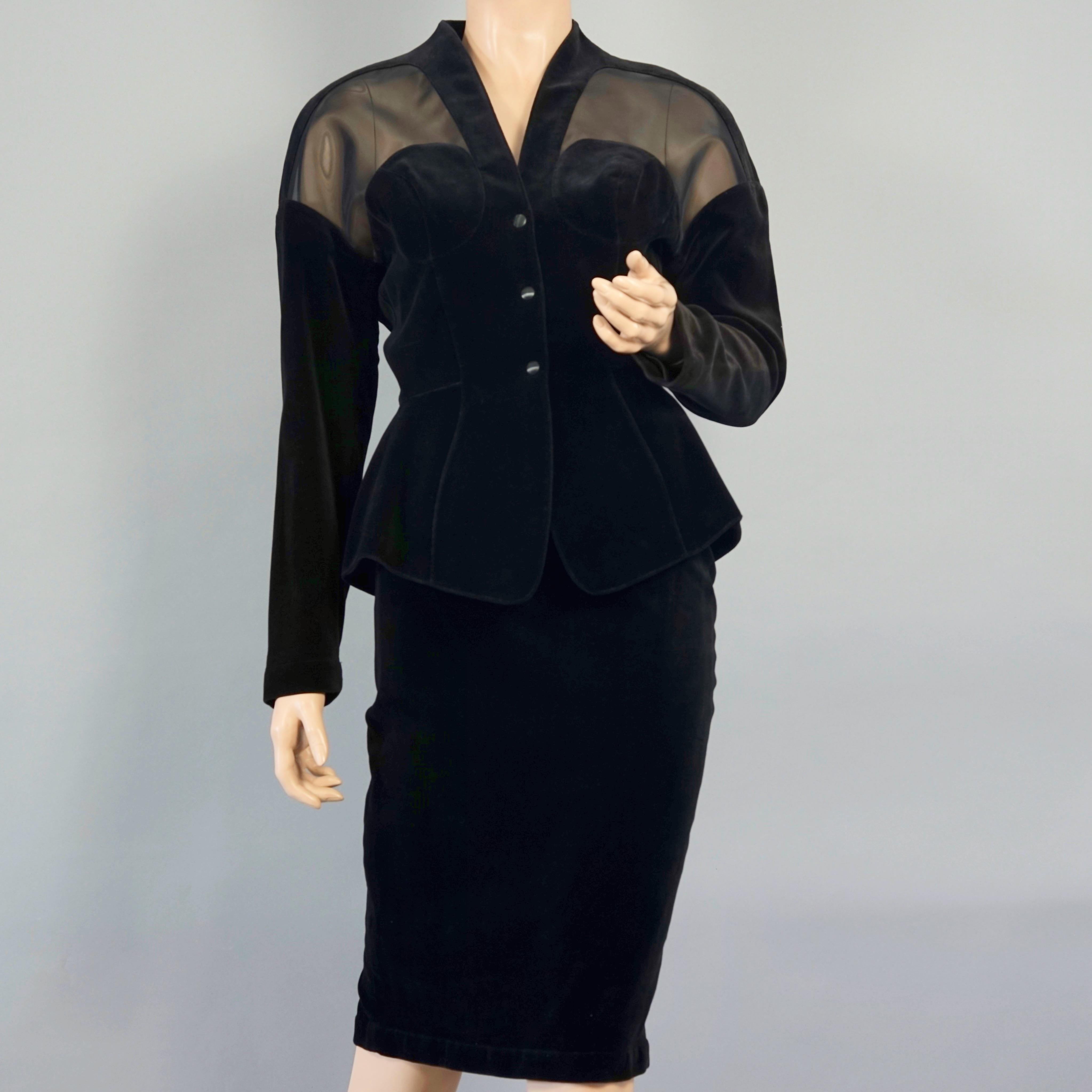 Vintage THIERRY MUGLER Bustier Structured Transparent Velvet Jacket Skirt Suit

Measurements taken laid flat, please double bust, waist and hips :
JACKET/ BLAZER
Shoulders: 22 inches (56 cm)
Sleeves: 18.50 inches (47 cm)
Bust: 19.68 inches (50