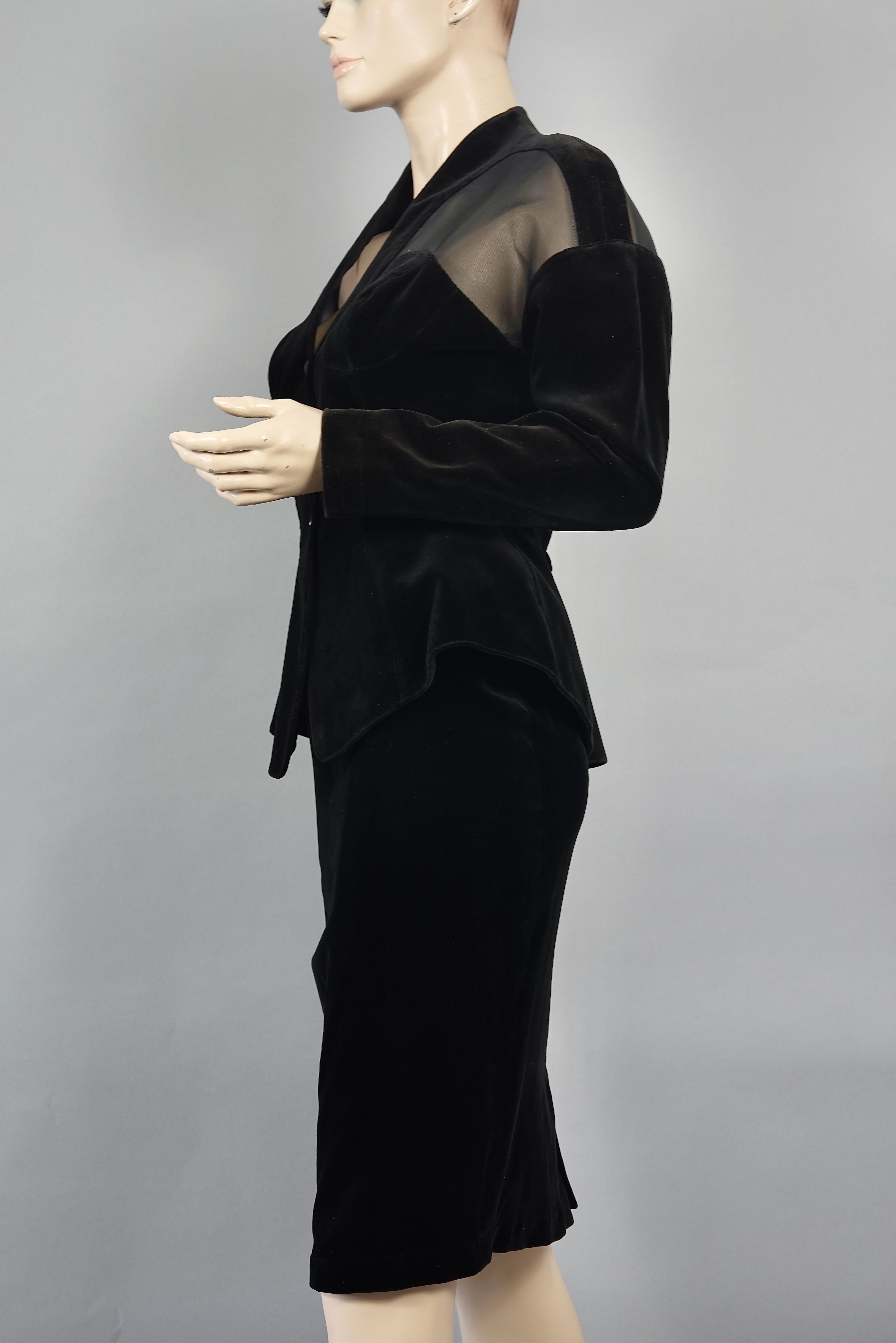 Black Vintage THIERRY MUGLER Bustier Structured Transparent Velvet Jacket Skirt Suit