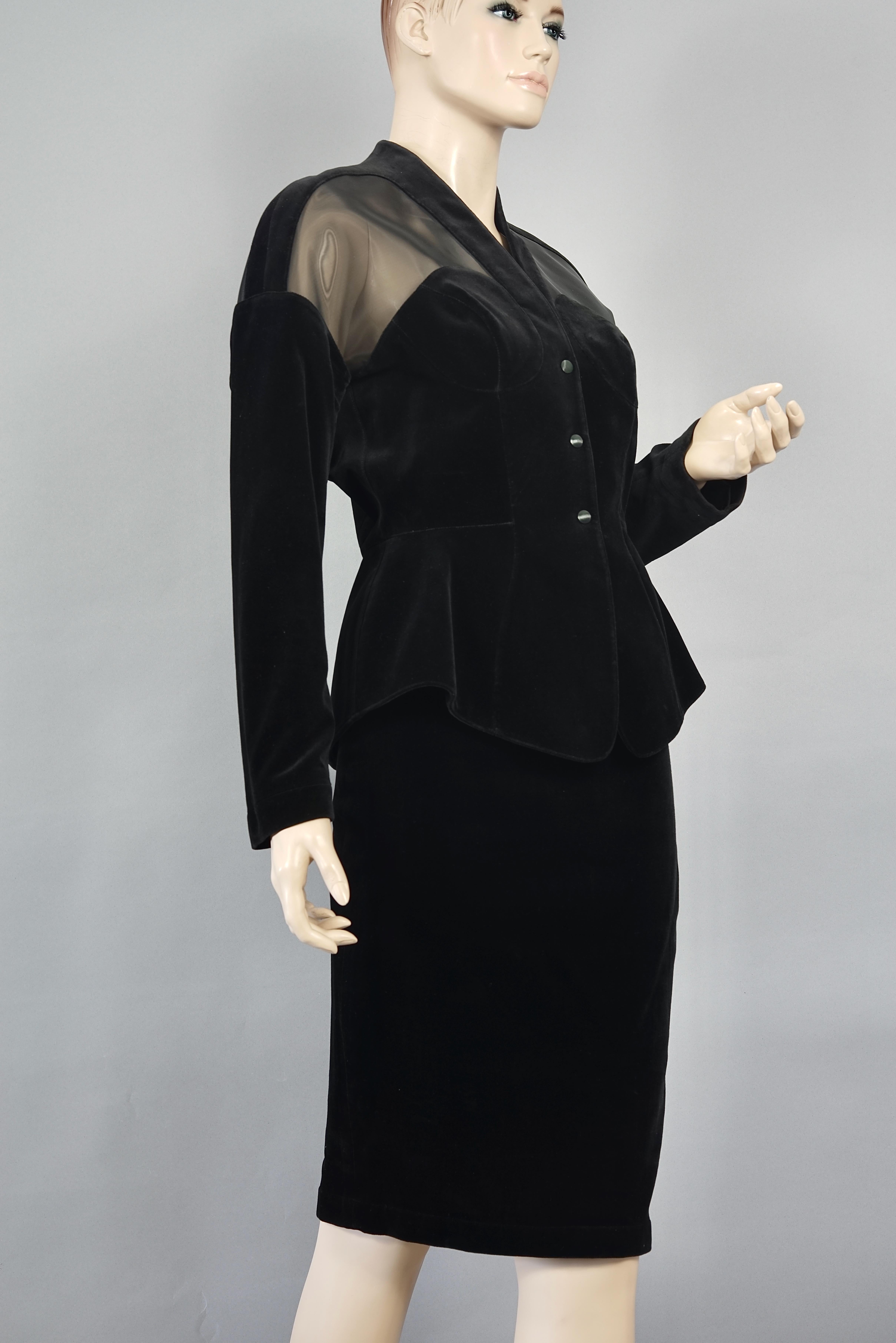 Vintage THIERRY MUGLER Bustier Structured Transparent Velvet Jacket Skirt Suit In Excellent Condition In Kingersheim, Alsace