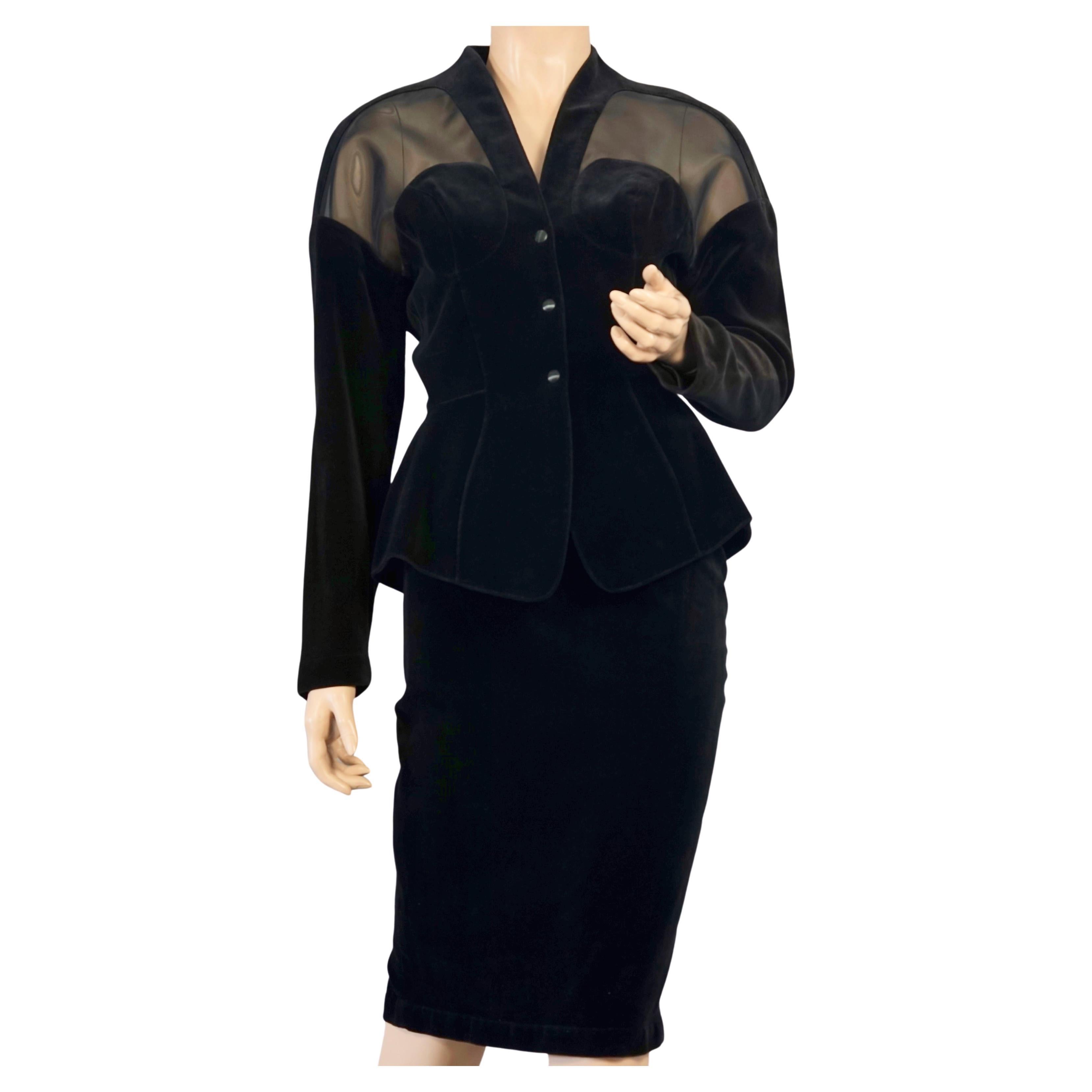 Vintage THIERRY MUGLER Bustier Structured Transparent Velvet Jacket Skirt Suit