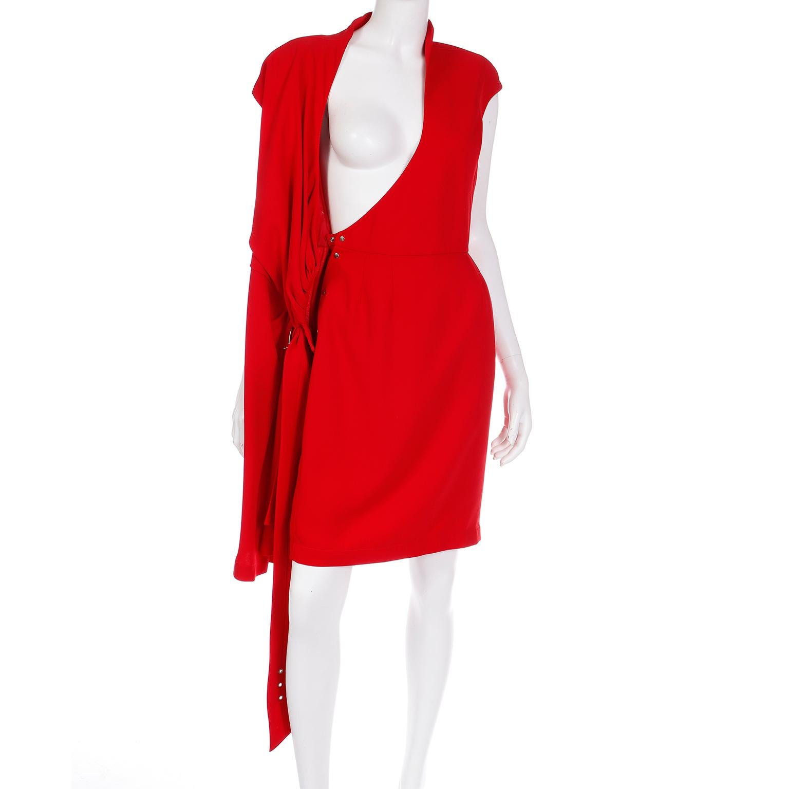 Vintage Thierry Mugler Cherry Red Sleeveless Wrap Dress W Drape & Silver Buckle 6
