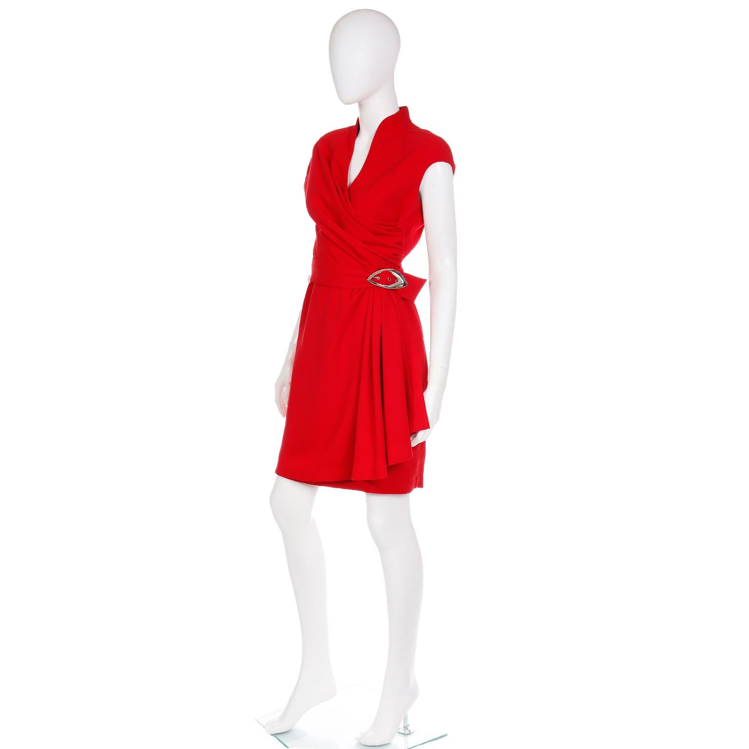 Vintage Thierry Mugler Cherry Red Sleeveless Wrap Dress W Drape & Silver Buckle In Excellent Condition In Portland, OR