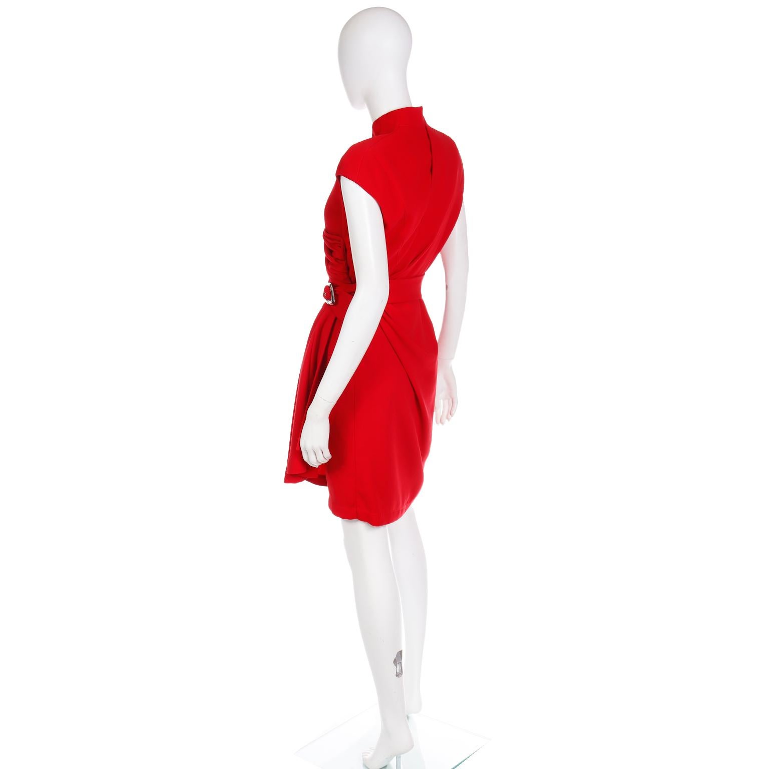 Women's Vintage Thierry Mugler Cherry Red Sleeveless Wrap Dress W Drape & Silver Buckle