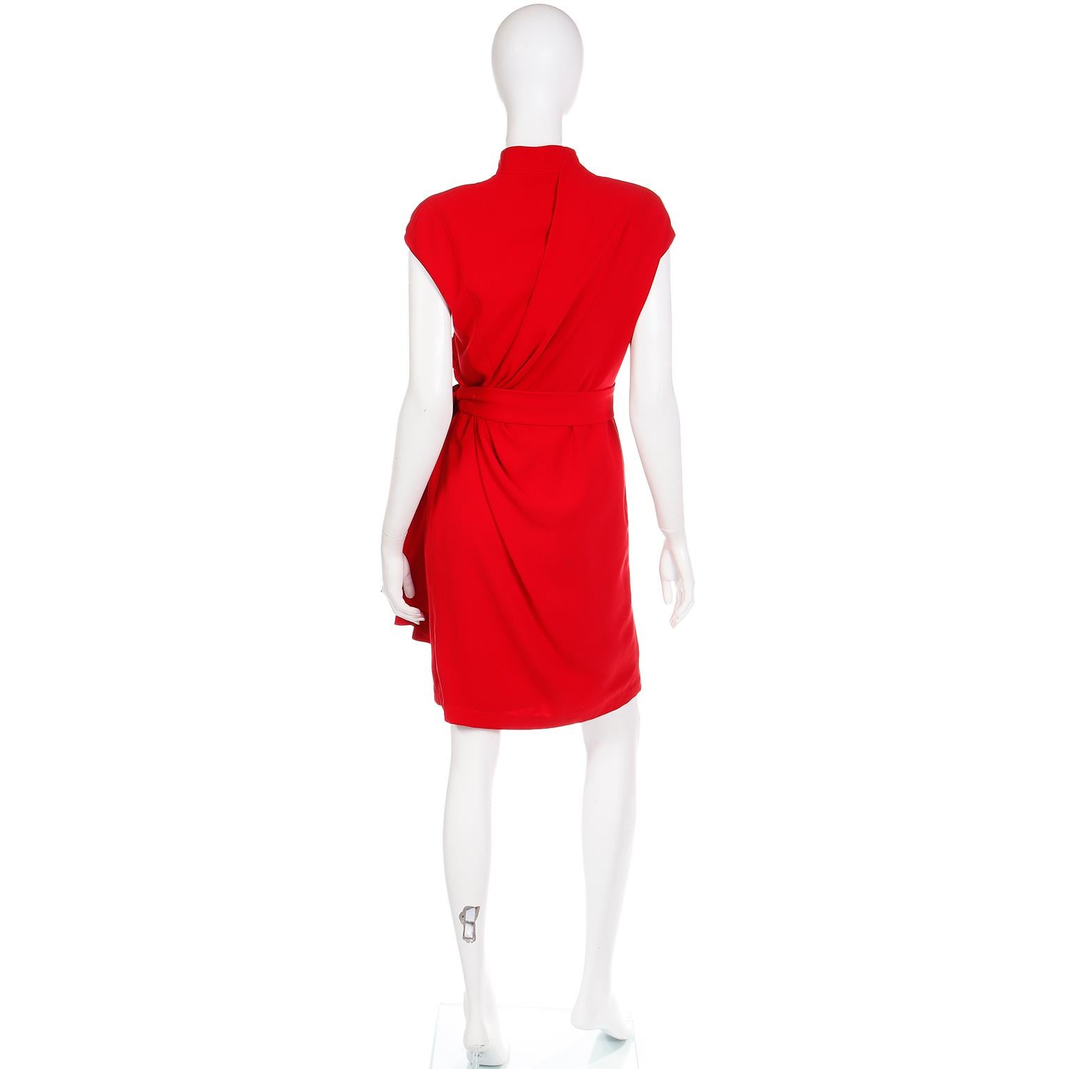 Vintage Thierry Mugler Cherry Red Sleeveless Wrap Dress W Drape & Silver Buckle 1