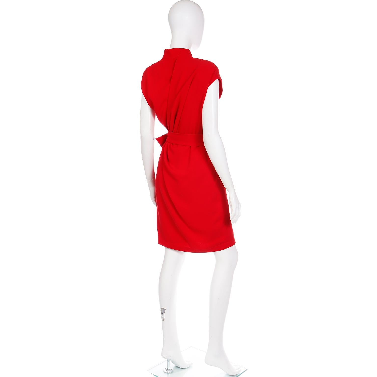 Vintage Thierry Mugler Cherry Red Sleeveless Wrap Dress W Drape & Silver Buckle 2