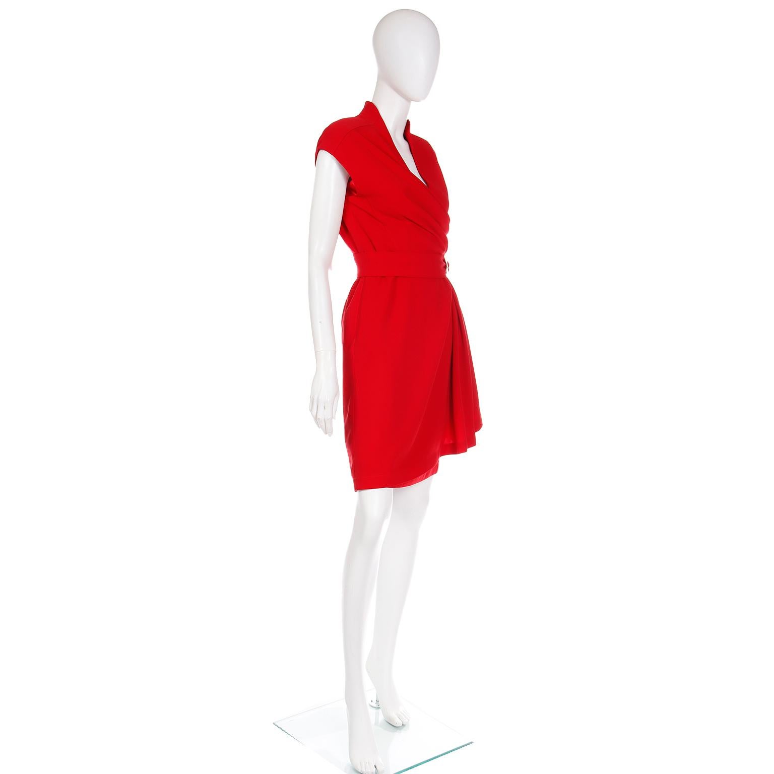 Vintage Thierry Mugler Cherry Red Sleeveless Wrap Dress W Drape & Silver Buckle 3