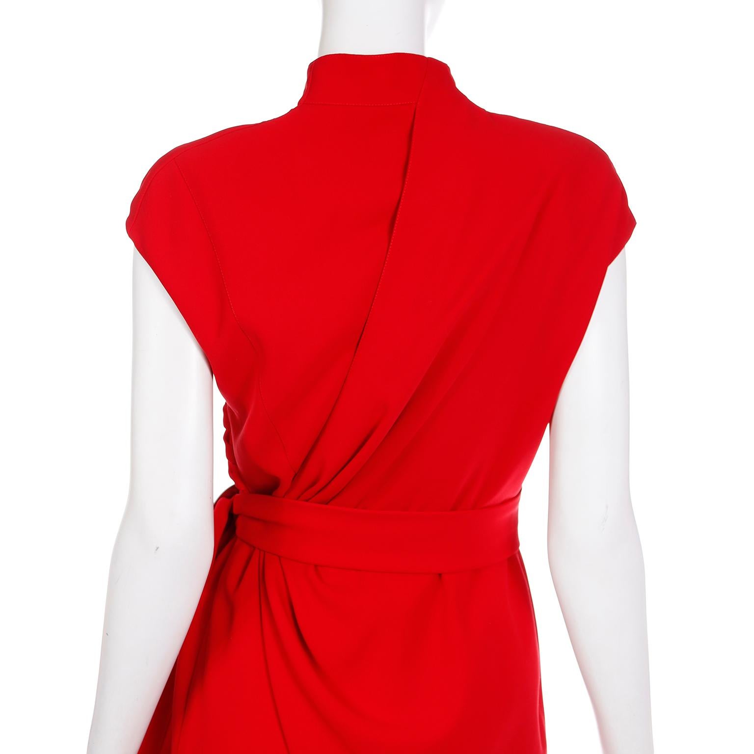 Vintage Thierry Mugler Cherry Red Sleeveless Wrap Dress W Drape & Silver Buckle 5