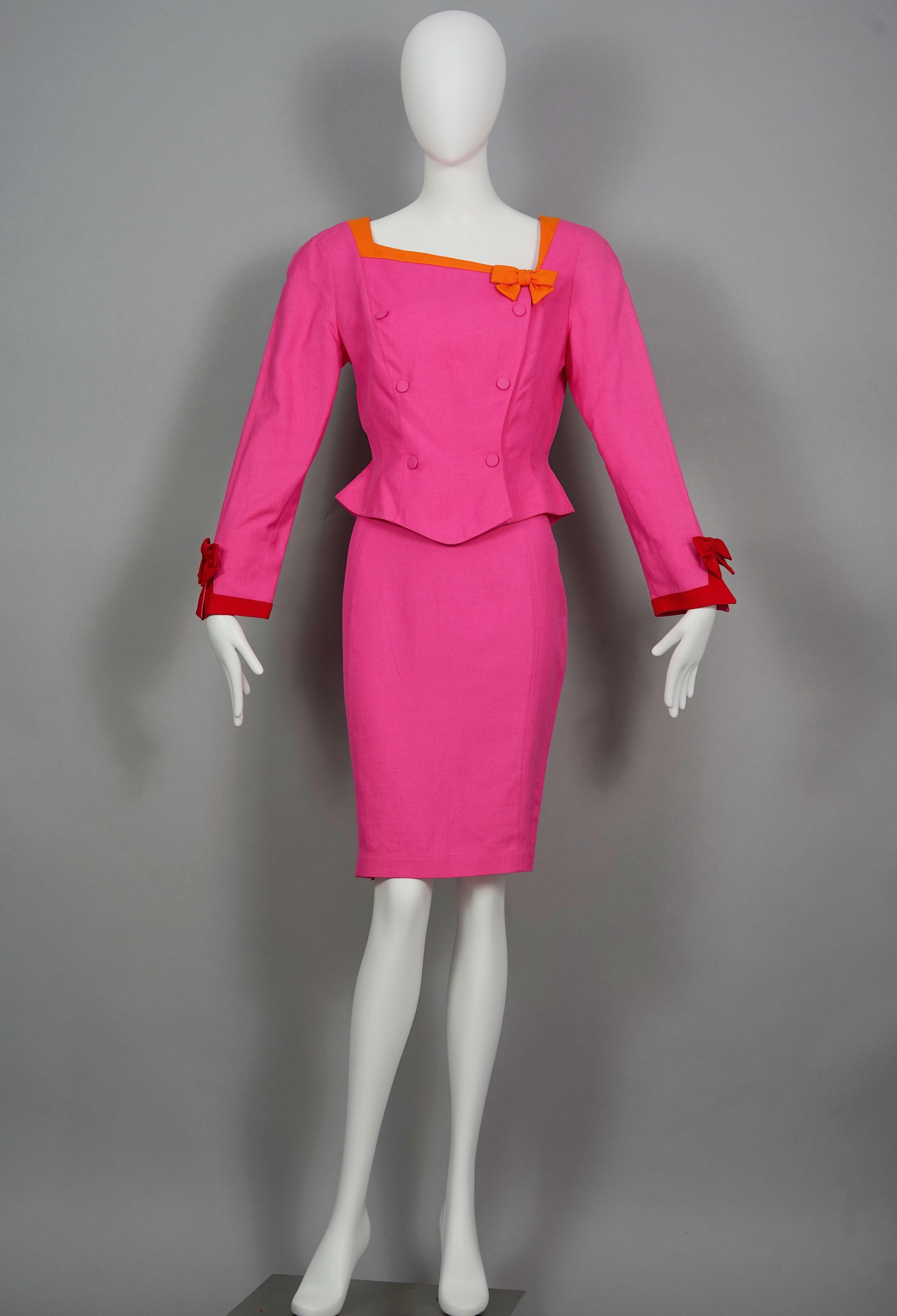 Vintage THIERRY MUGLER Colour Block Bows Blazer Skirt Suit

Measurements taken laid flat, please double bust, waist and hips:
BLAZER
Shoulder: 16.93 inches (43 cm)
Sleeves: 21.65 inches (55 cm)
Bust: 18.11 inches (46 cm)
Waist: 14.56 inches (37