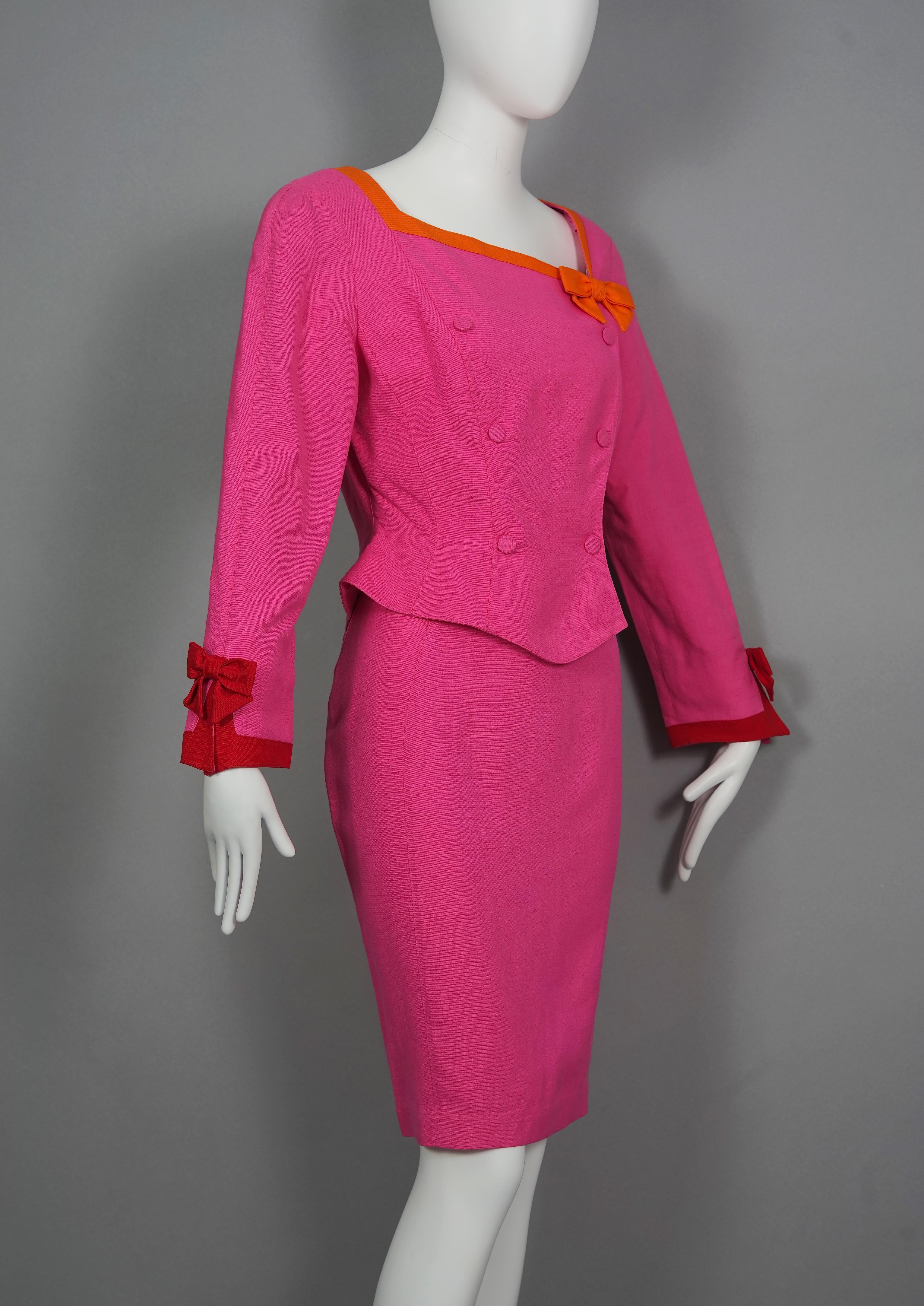 Women's Vintage THIERRY MUGLER Colour Block Bows Blazer Skirt Suit For Sale