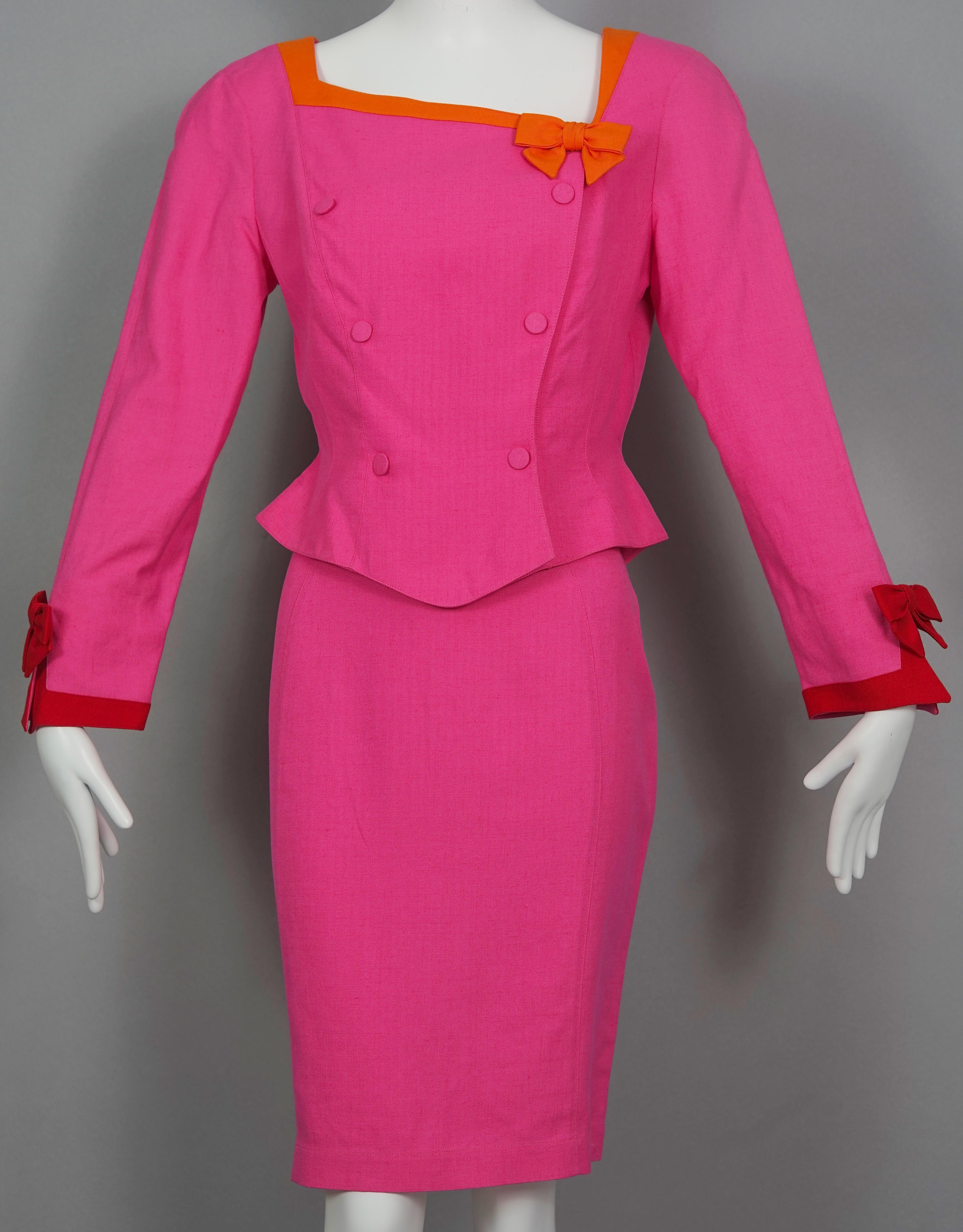 Vintage THIERRY MUGLER Colour Block Bows Blazer Skirt Suit For Sale 1
