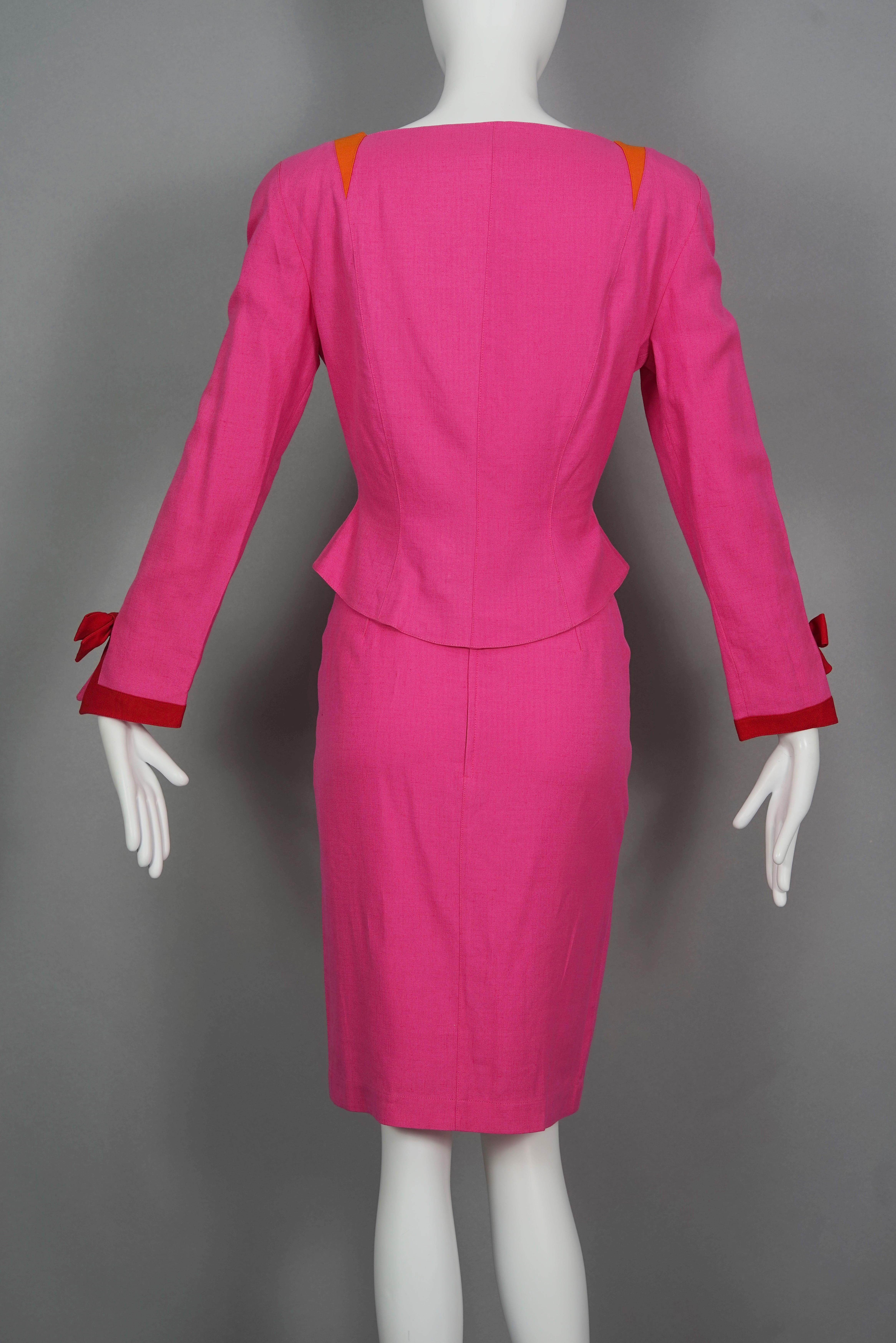 Vintage THIERRY MUGLER Colour Block Bows Blazer Skirt Suit For Sale 2