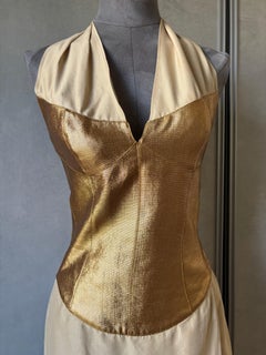 Vintage Thierry Mugler Couture Gold Lamé and Beige Halter Dress, France, Size 38