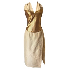 Vintage Thierry Mugler Couture Gold Lamé and Beige Halter Dress, France, Size 38