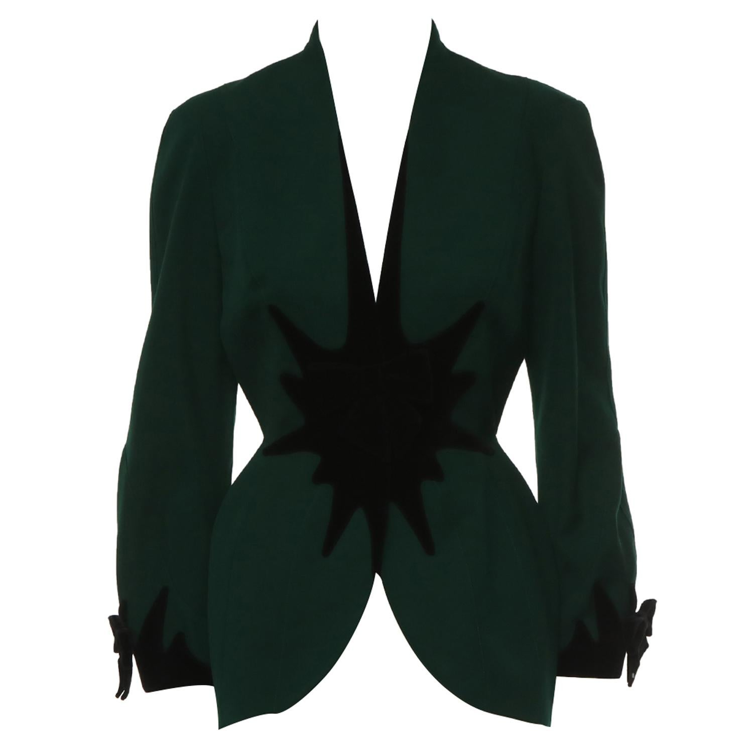 Vintage Thierry Mugler Dark Green Starbursts Velvet Panelled Bow Blazer