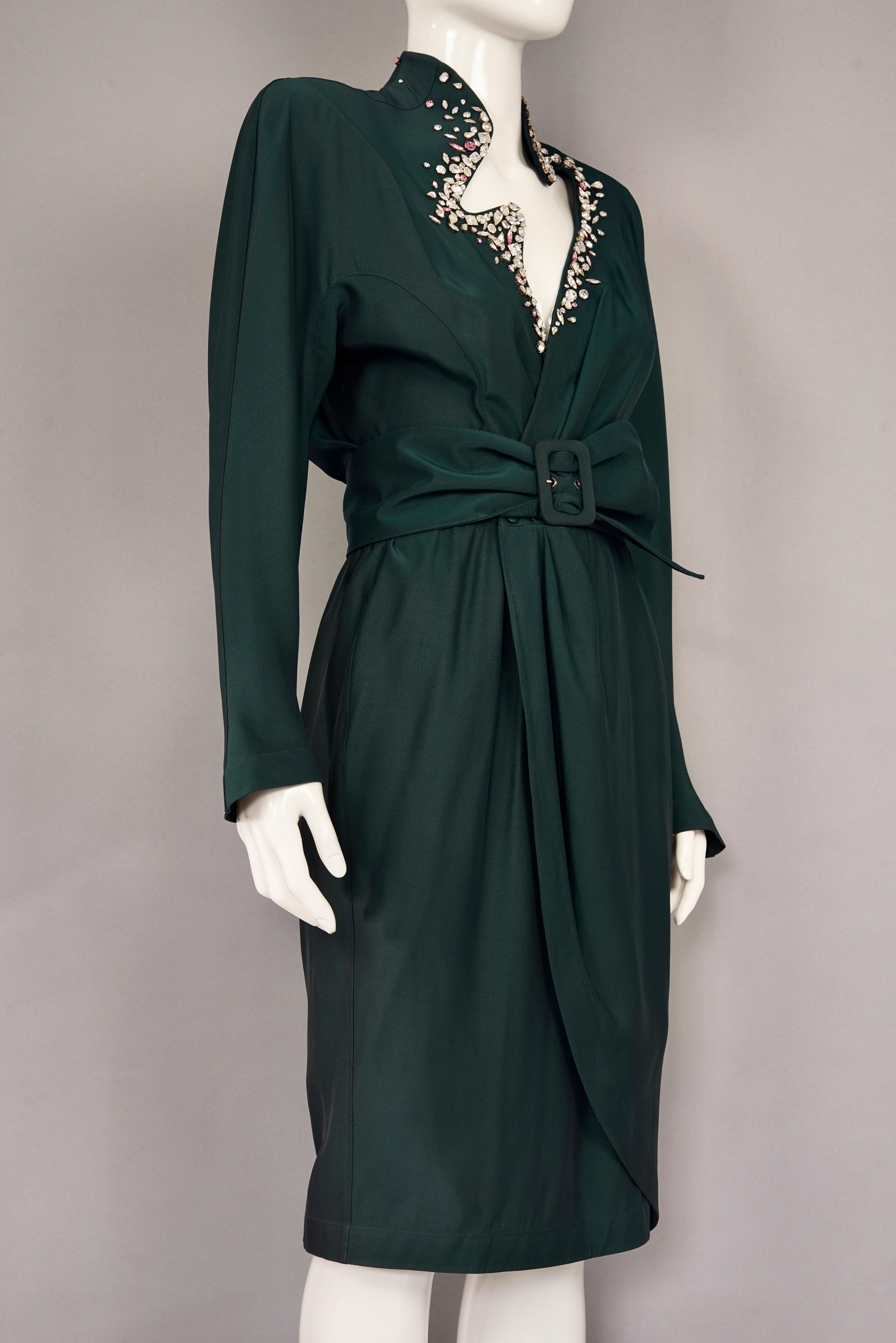 Vintage THIERRY MUGLER Encrusted Rhinestone Lightning Neckline Wrap Dress In Good Condition For Sale In Kingersheim, Alsace