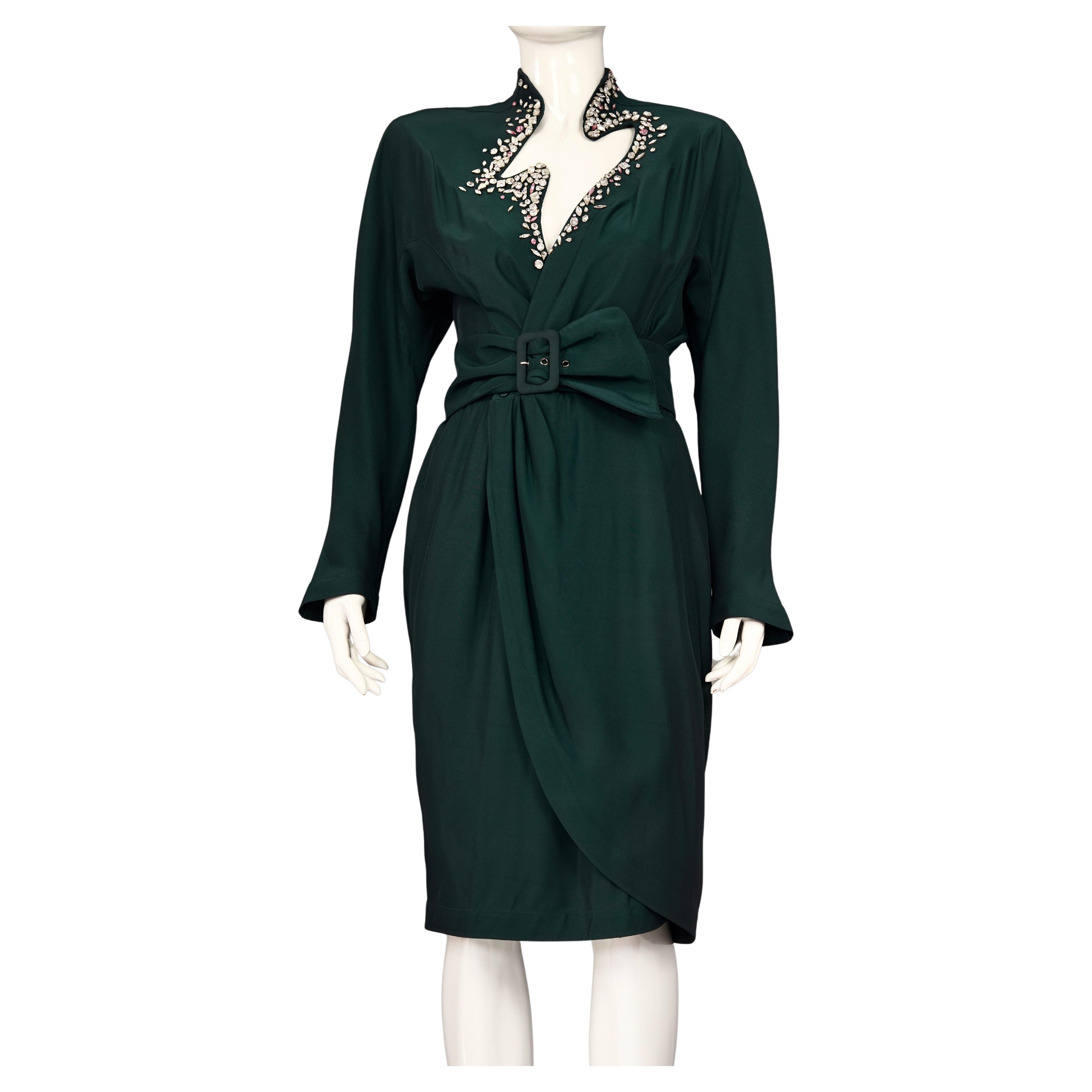 Vintage THIERRY MUGLER Encrusted Rhinestone Lightning Neckline Wrap Dress For Sale