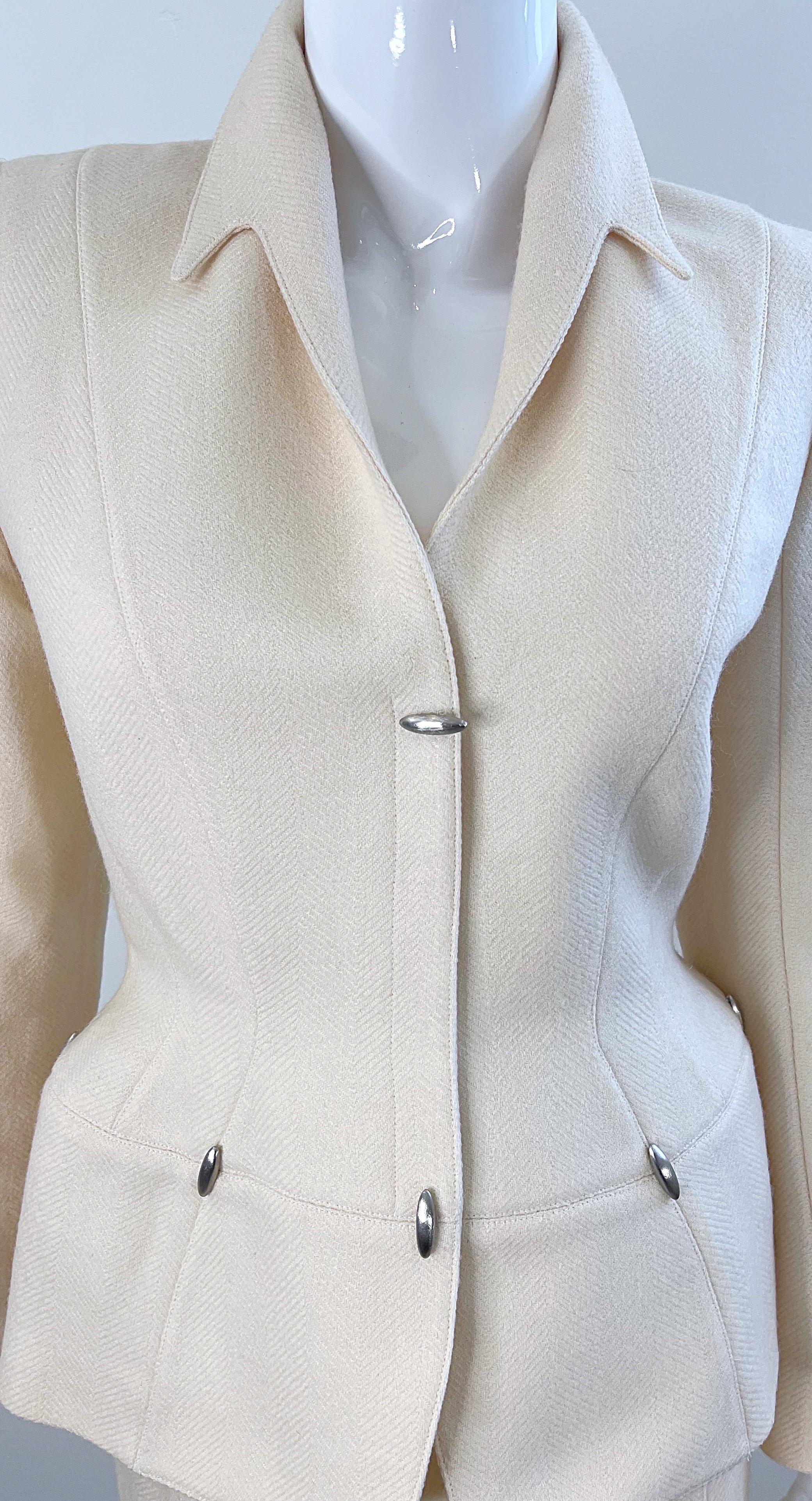 Vintage Thierry Mugler F/W 1989 Ivory Size 4 / 6 Wool Silver Bullet Skirt Suit  For Sale 11