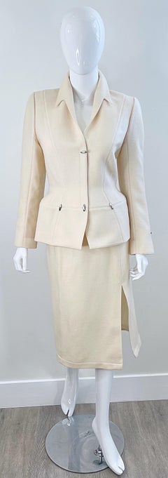 F&F Vintage Thierry Mugler A/I 1989 Avorio Taglia 4 / 6 Gonna Abito in Lana Silver Bullet